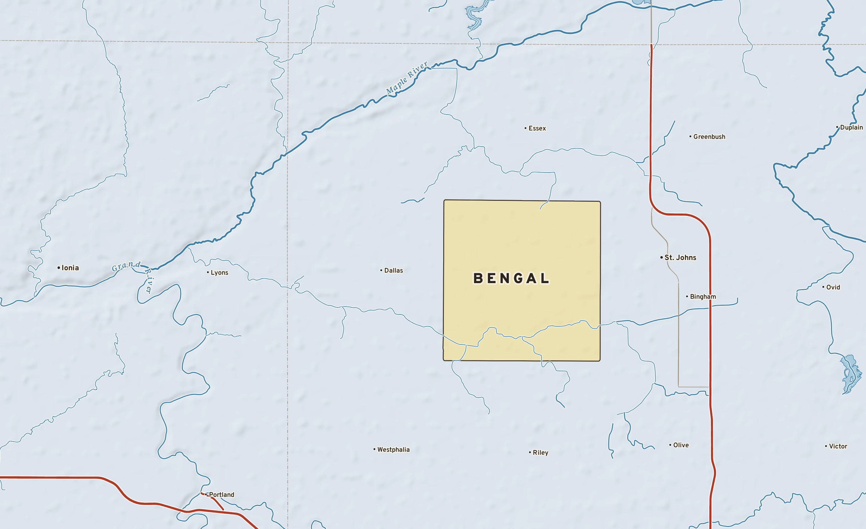 Shaded-relief atlas plate of Bengal, Michigan: rivers, roads, the city limits and where the water drains.