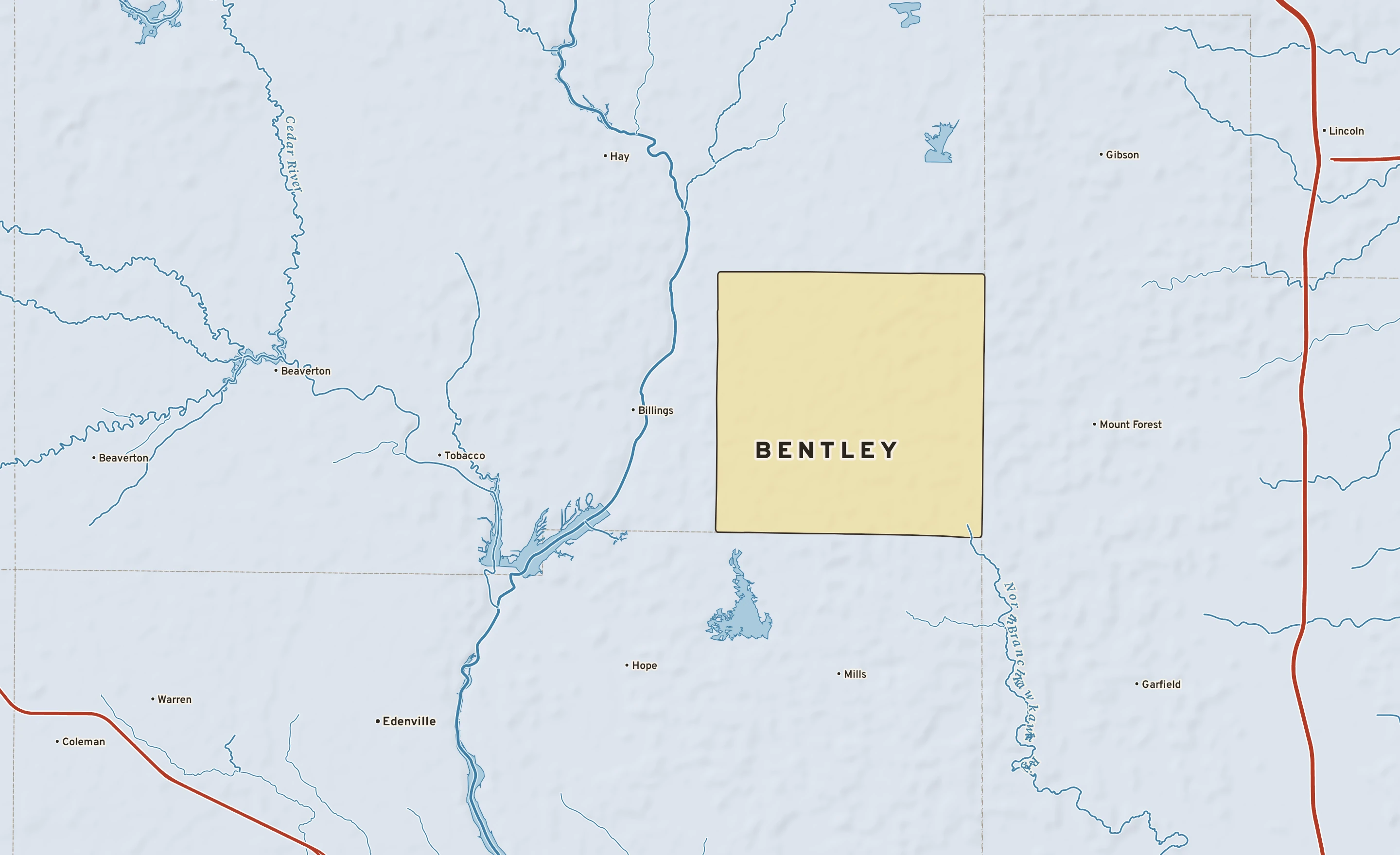 Shaded-relief atlas plate of Bentley, Michigan: rivers, roads, the city limits and where the water drains.