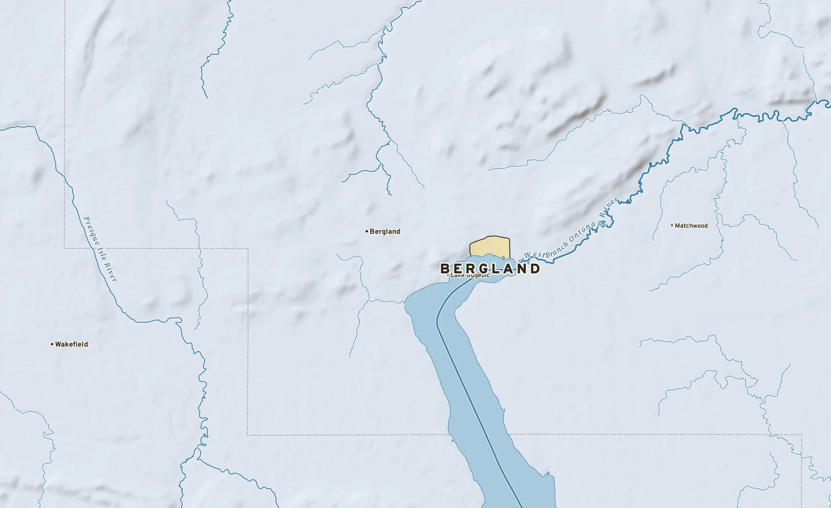 Shaded-relief atlas plate of Bergland, Michigan: rivers, roads, the city limits and where the water drains.