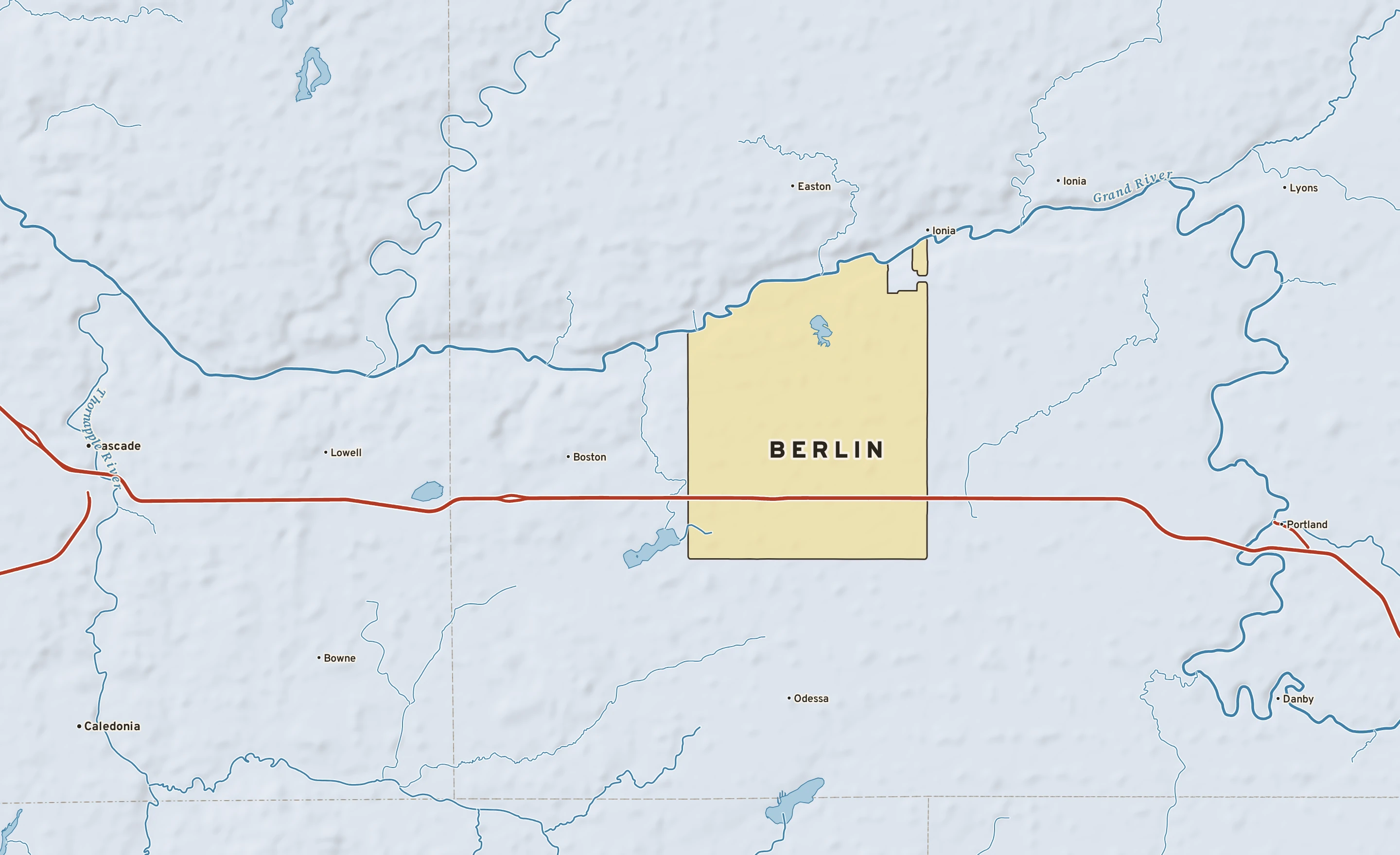 Shaded-relief atlas plate of Berlin, Michigan: rivers, roads, the city limits and where the water drains.