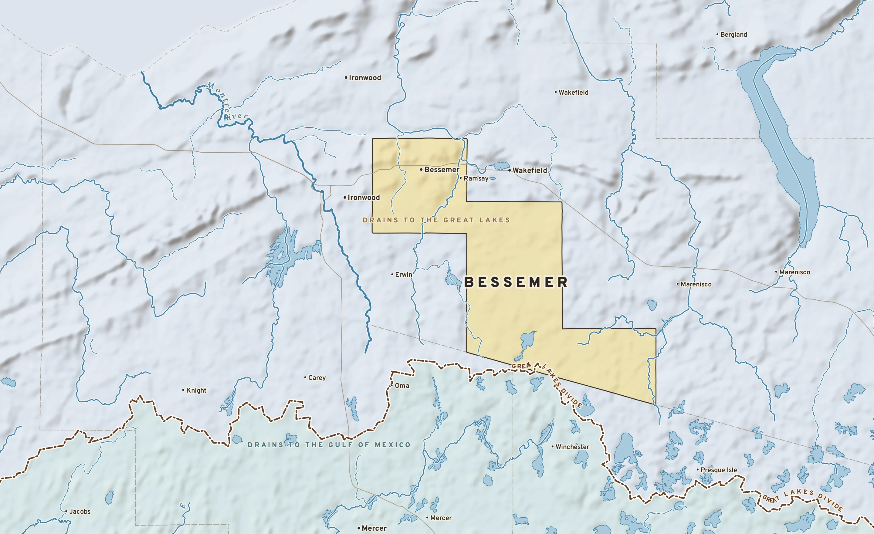 Shaded-relief atlas plate of Bessemer, Michigan: rivers, roads, the city limits and where the water drains.