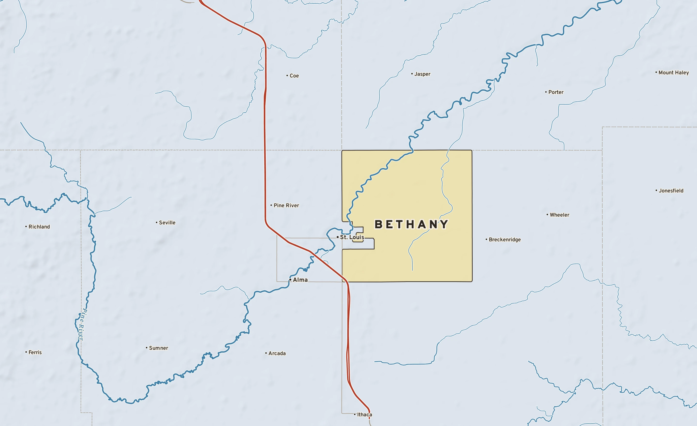 Shaded-relief atlas plate of Bethany, Michigan: rivers, roads, the city limits and where the water drains.