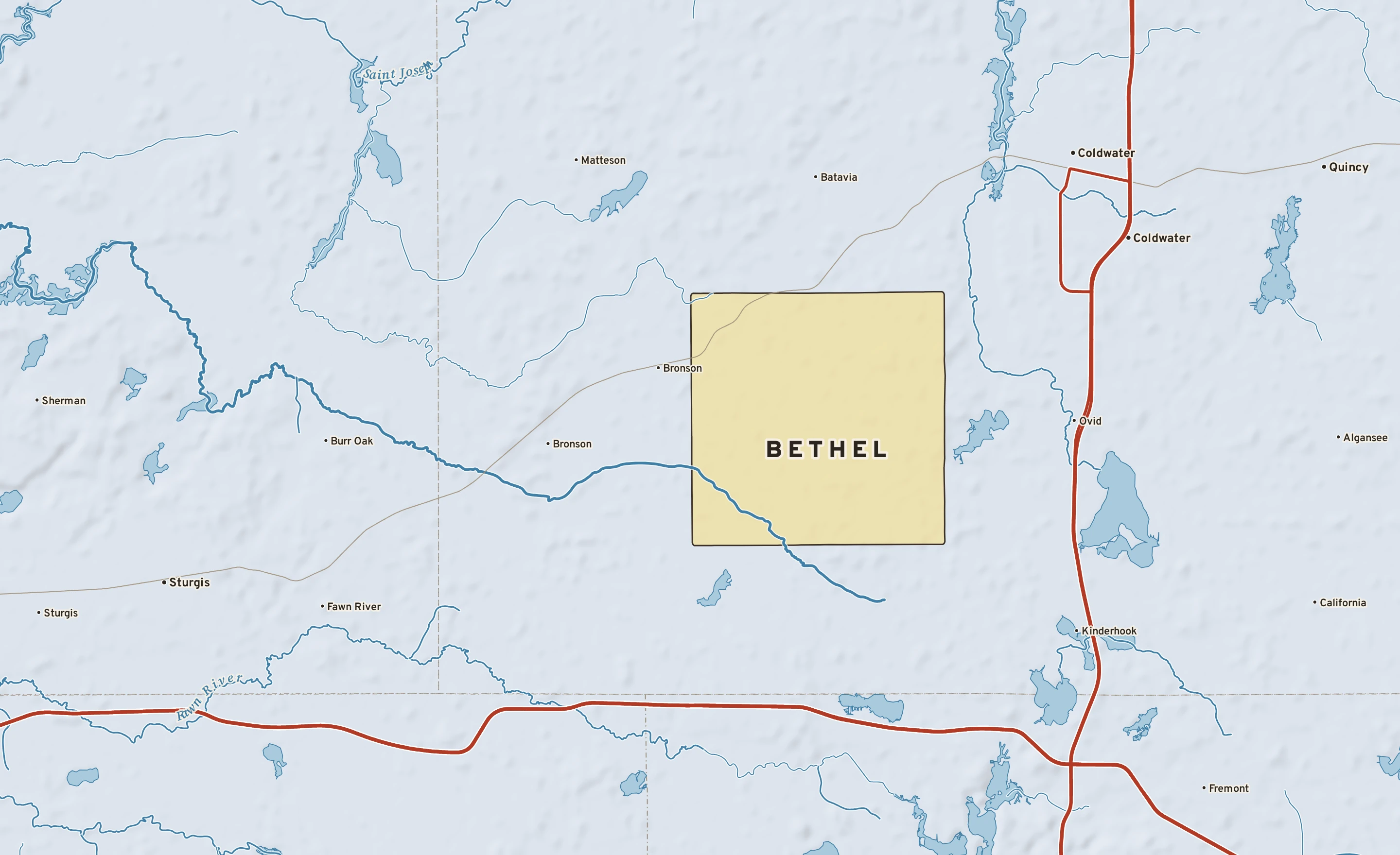 Shaded-relief atlas plate of Bethel, Michigan: rivers, roads, the city limits and where the water drains.