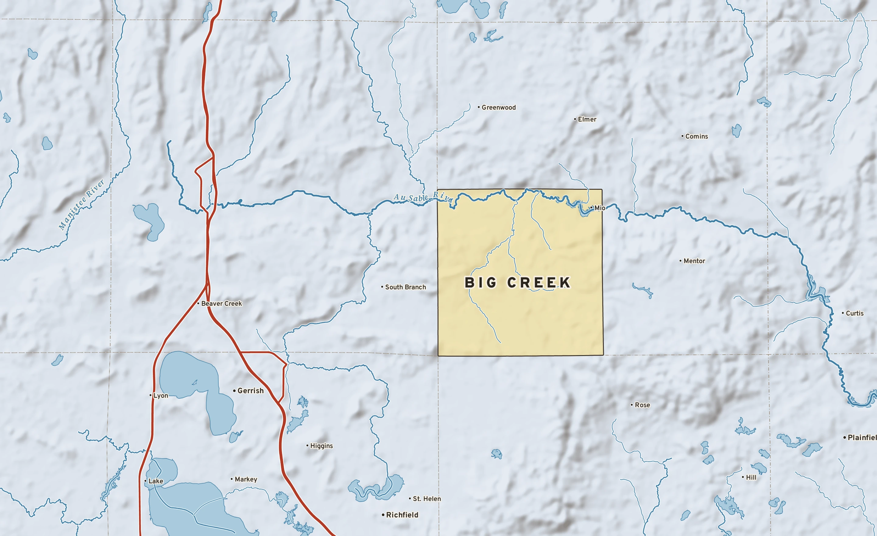 Shaded-relief atlas plate of Big Creek, Michigan: rivers, roads, the city limits and where the water drains.