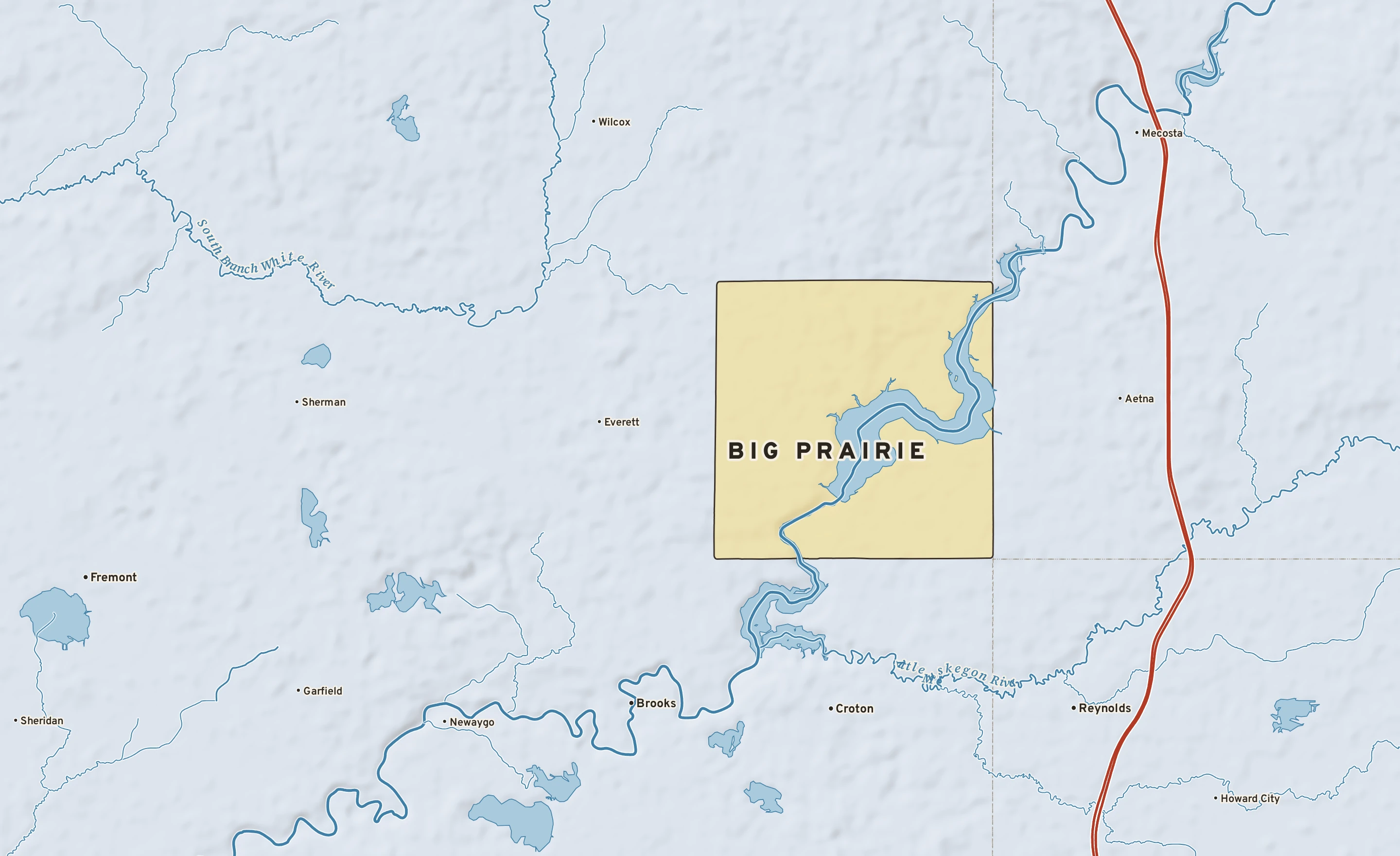 Shaded-relief atlas plate of Big Prairie, Michigan: rivers, roads, the city limits and where the water drains.