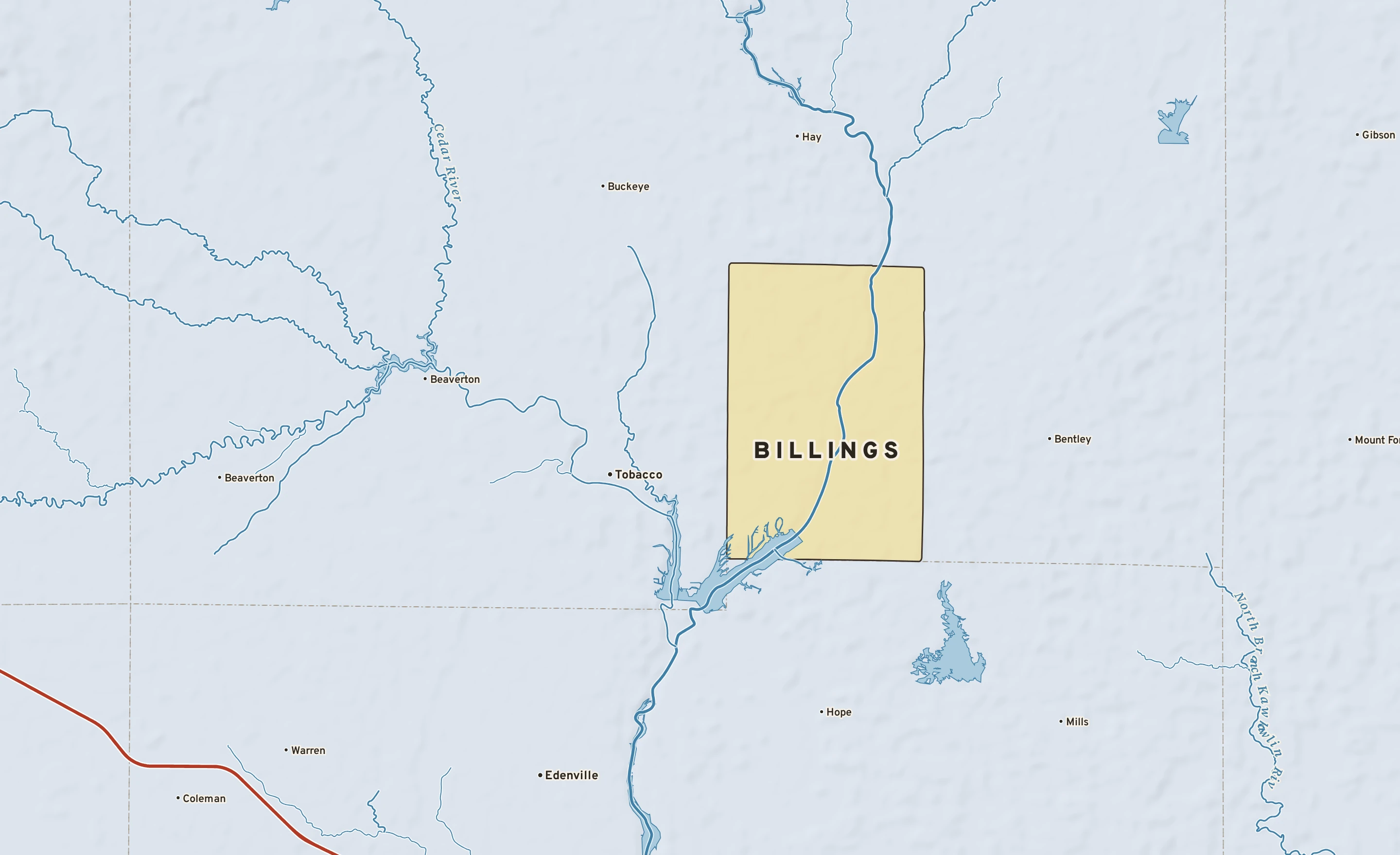 Shaded-relief atlas plate of Billings, Michigan: rivers, roads, the city limits and where the water drains.