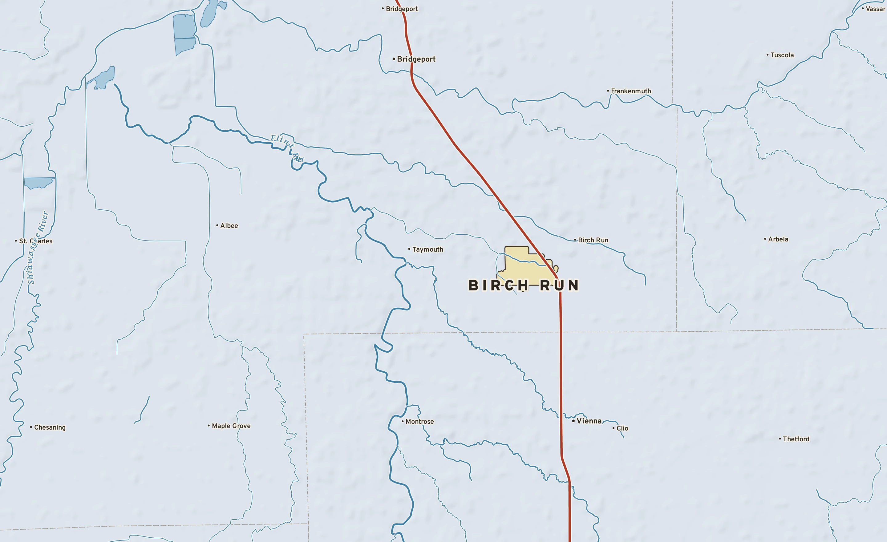 Shaded-relief atlas plate of Birch Run, Michigan: rivers, roads, the city limits and where the water drains.