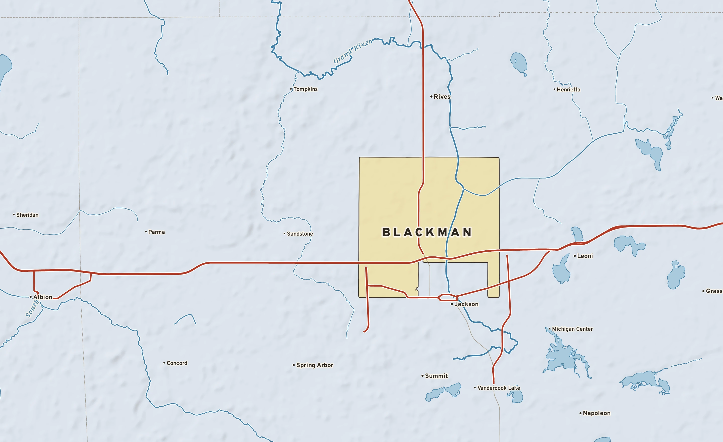 Shaded-relief atlas plate of Blackman, Michigan: rivers, roads, the city limits and where the water drains.