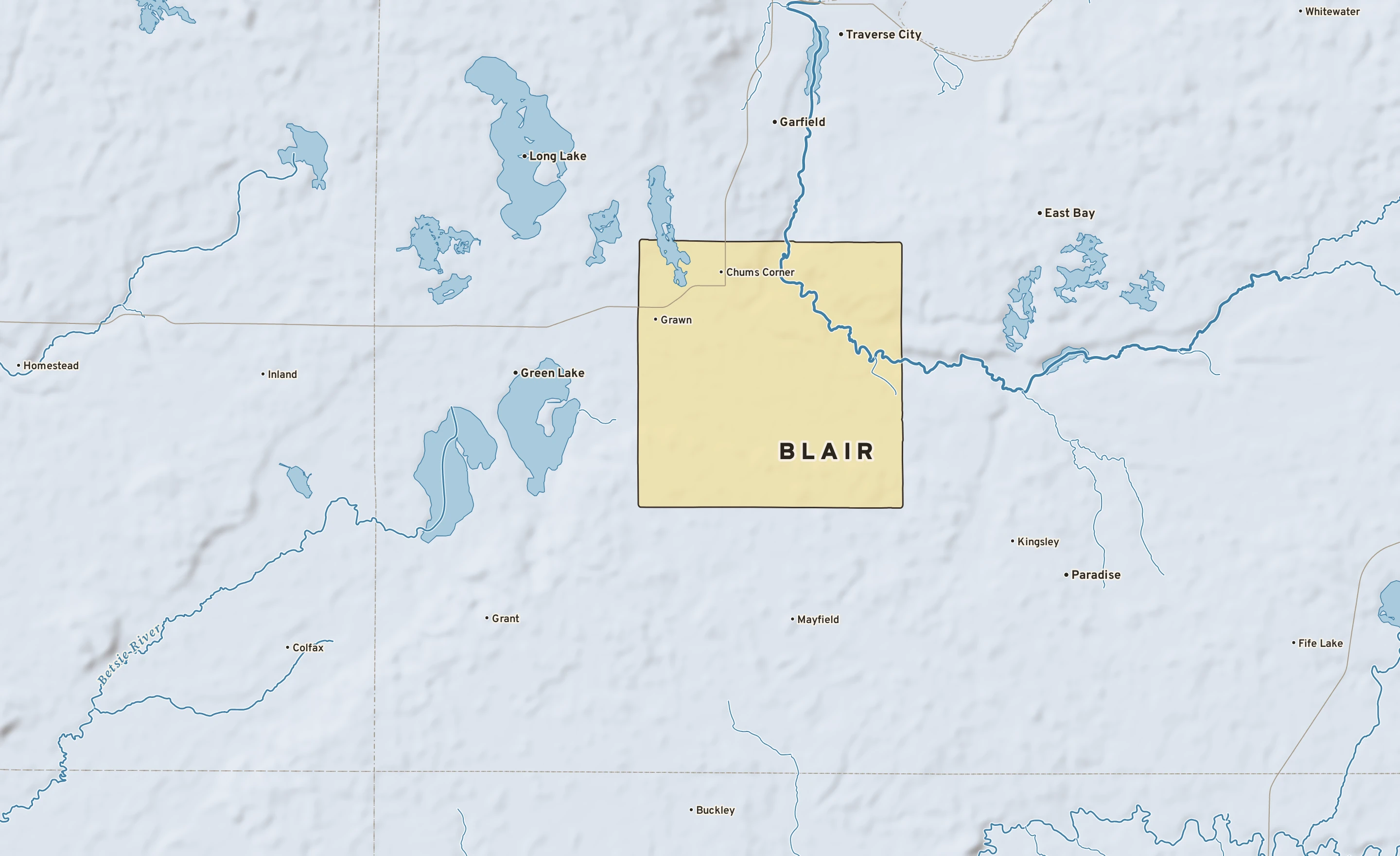 Shaded-relief atlas plate of Blair, Michigan: rivers, roads, the city limits and where the water drains.
