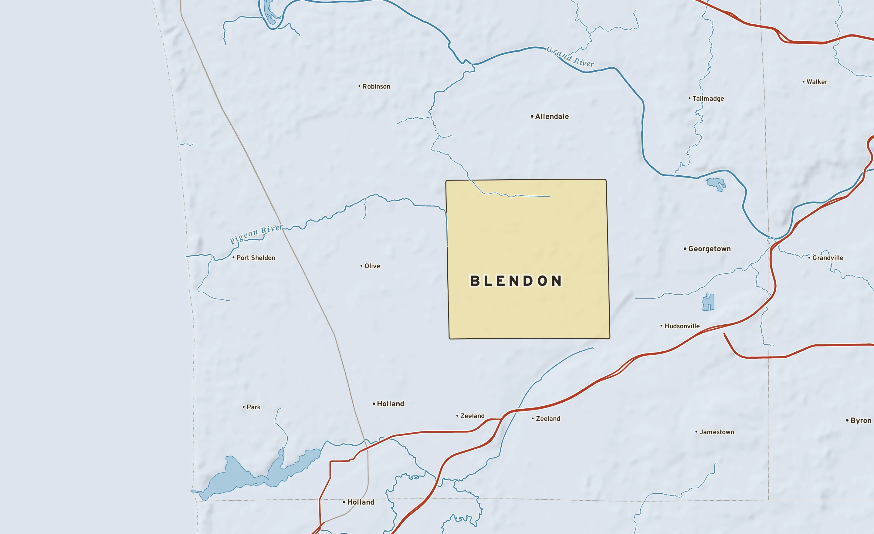 Shaded-relief atlas plate of Blendon, Michigan: rivers, roads, the city limits and where the water drains.