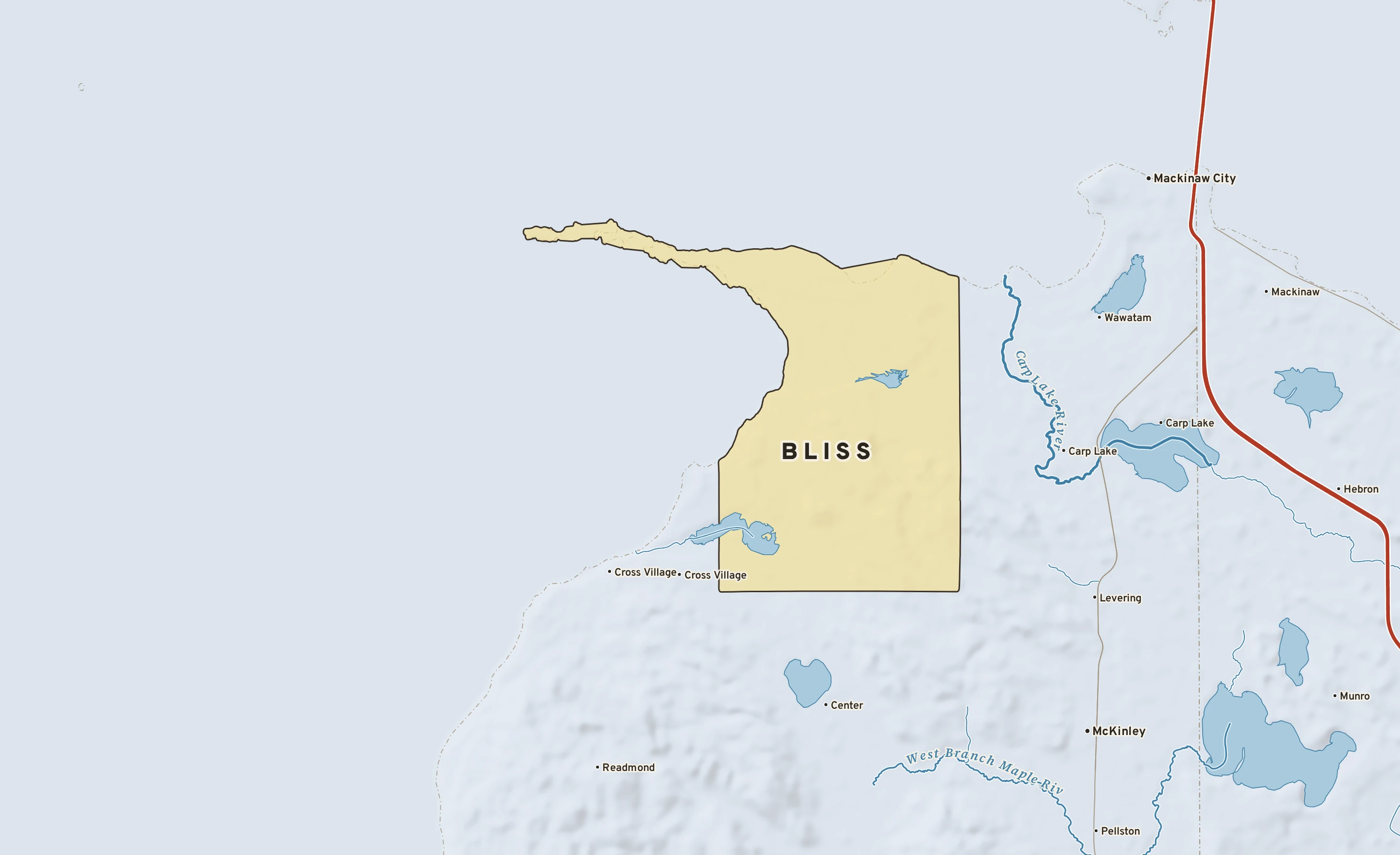 Shaded-relief atlas plate of Bliss, Michigan: rivers, roads, the city limits and where the water drains.