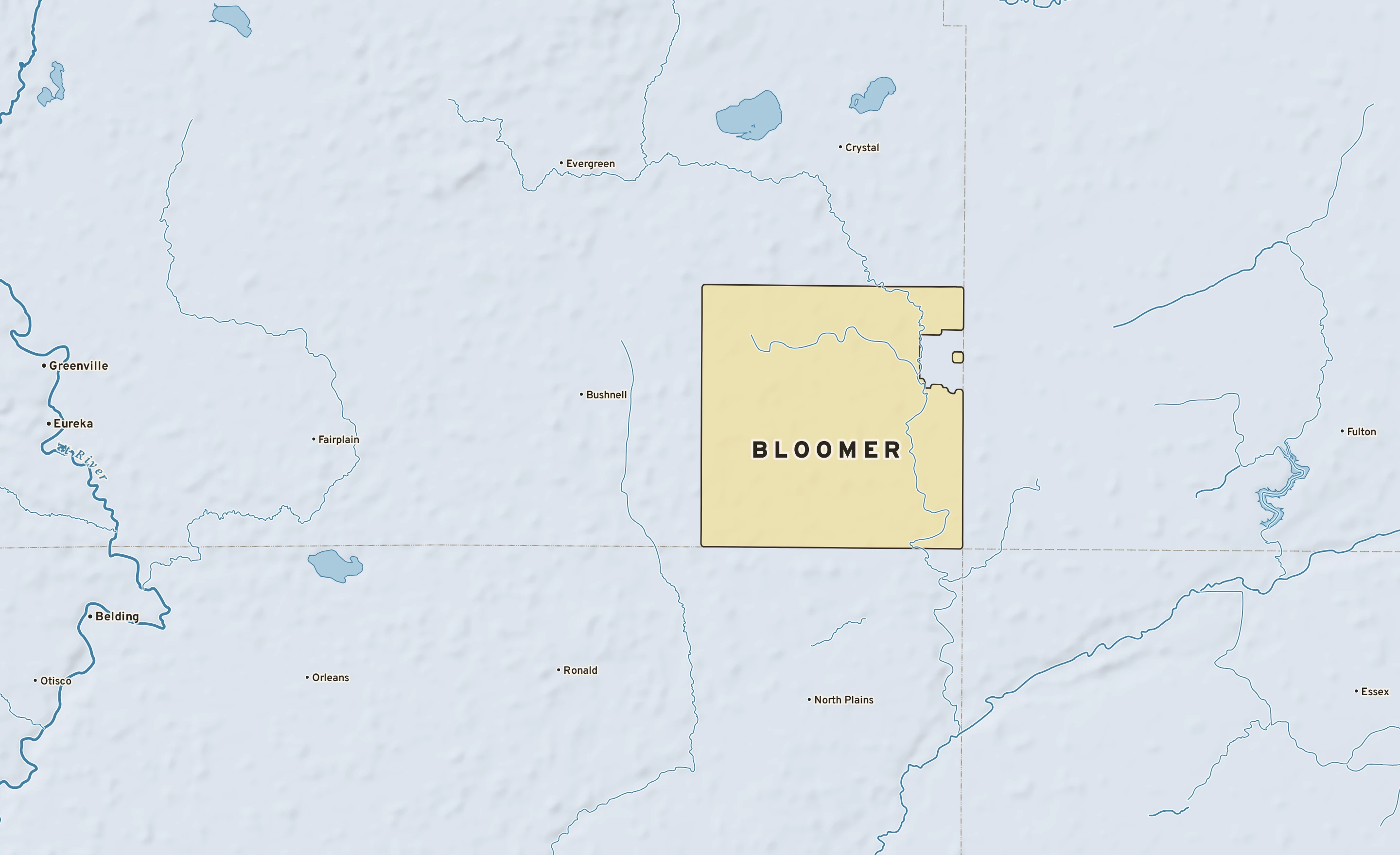 Shaded-relief atlas plate of Bloomer, Michigan: rivers, roads, the city limits and where the water drains.