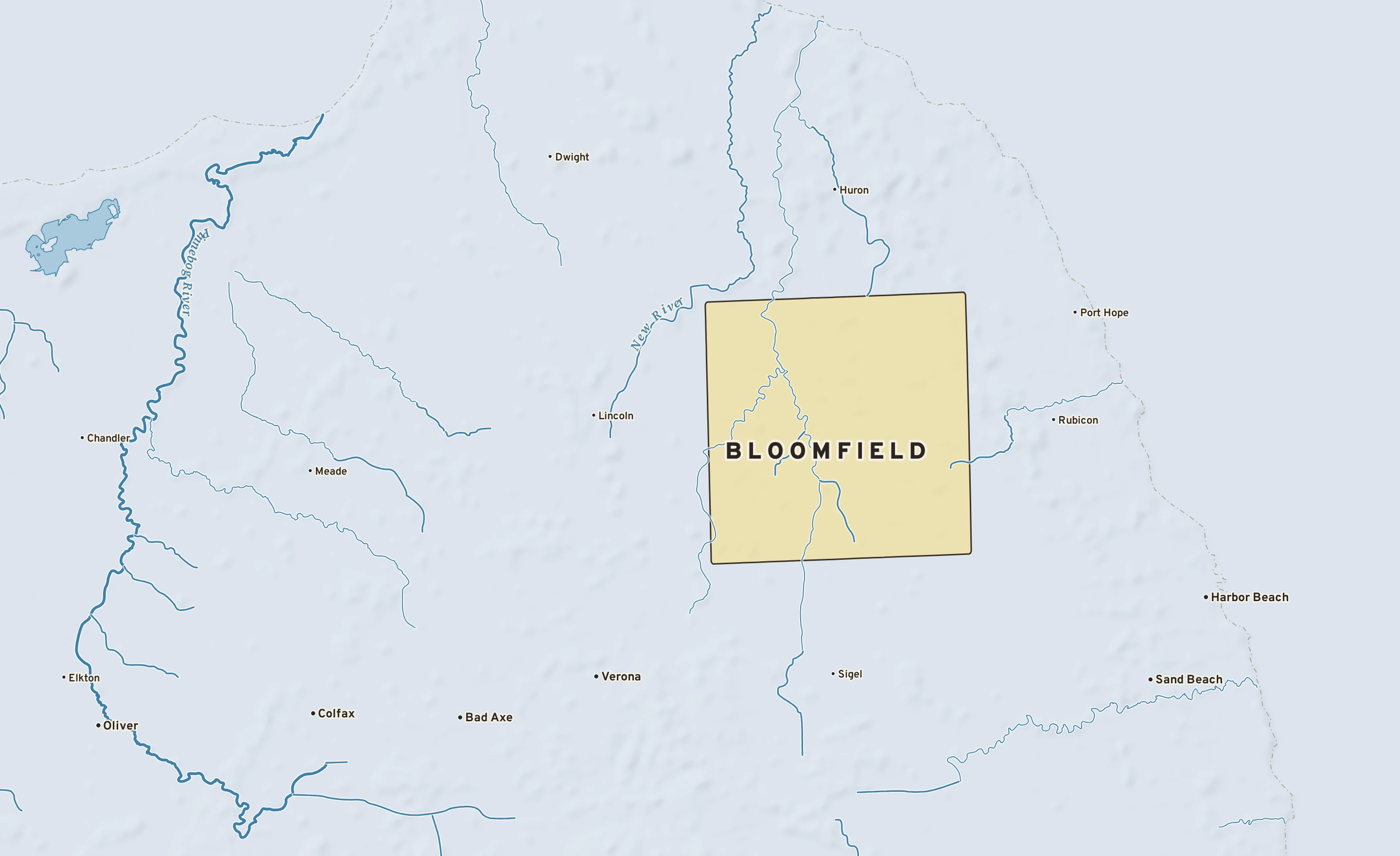 Shaded-relief atlas plate of Bloomfield, Michigan: rivers, roads, the city limits and where the water drains.