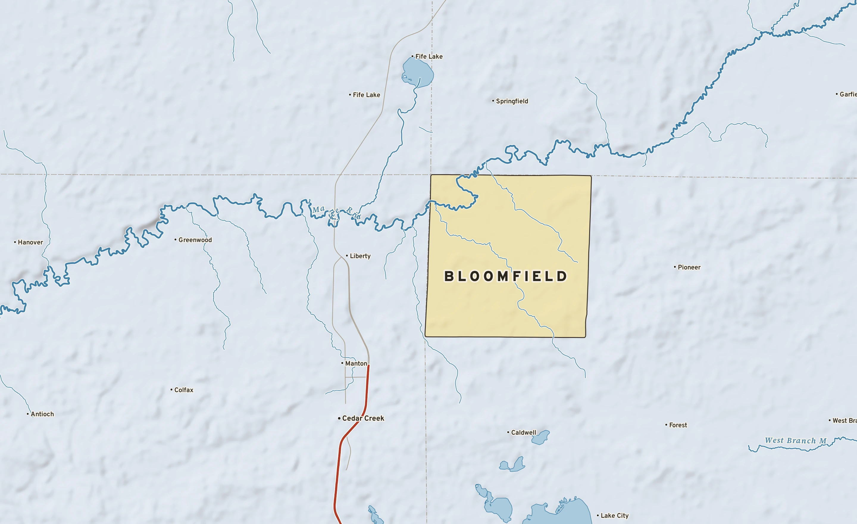 Shaded-relief atlas plate of Bloomfield, Michigan: rivers, roads, the city limits and where the water drains.