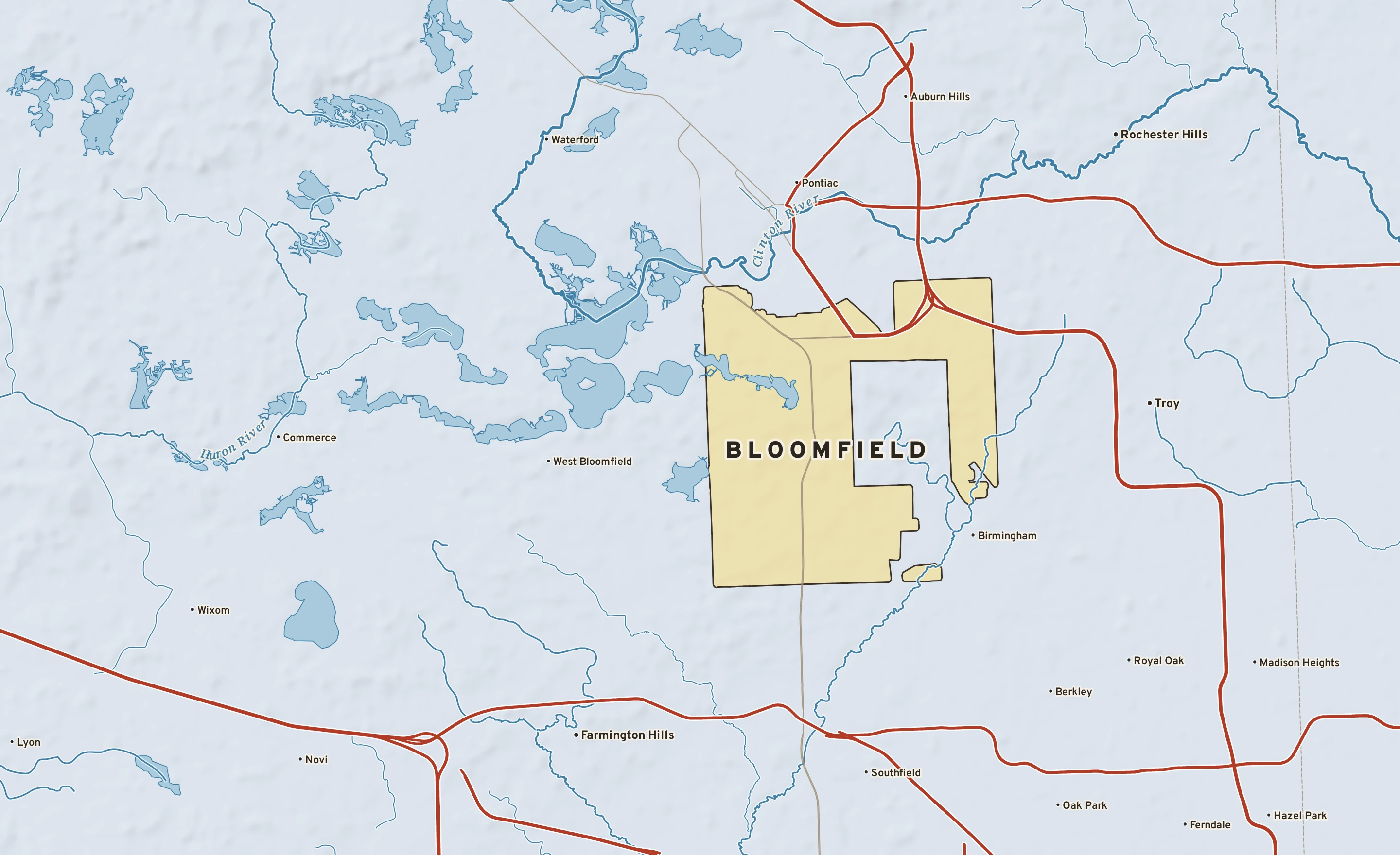 Shaded-relief atlas plate of Bloomfield, Michigan: rivers, roads, the city limits and where the water drains.