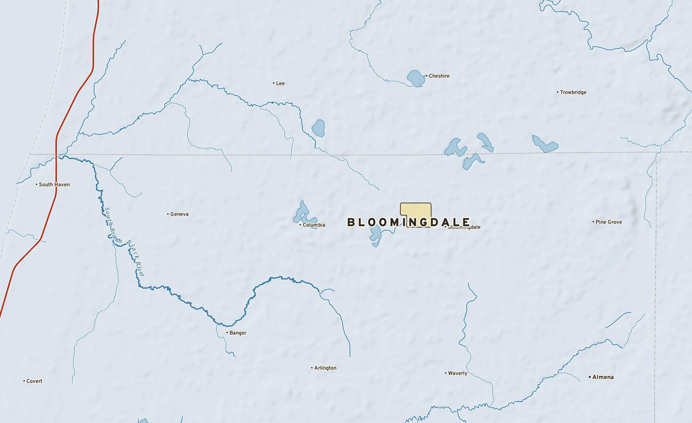 Shaded-relief atlas plate of Bloomingdale, Michigan: rivers, roads, the city limits and where the water drains.
