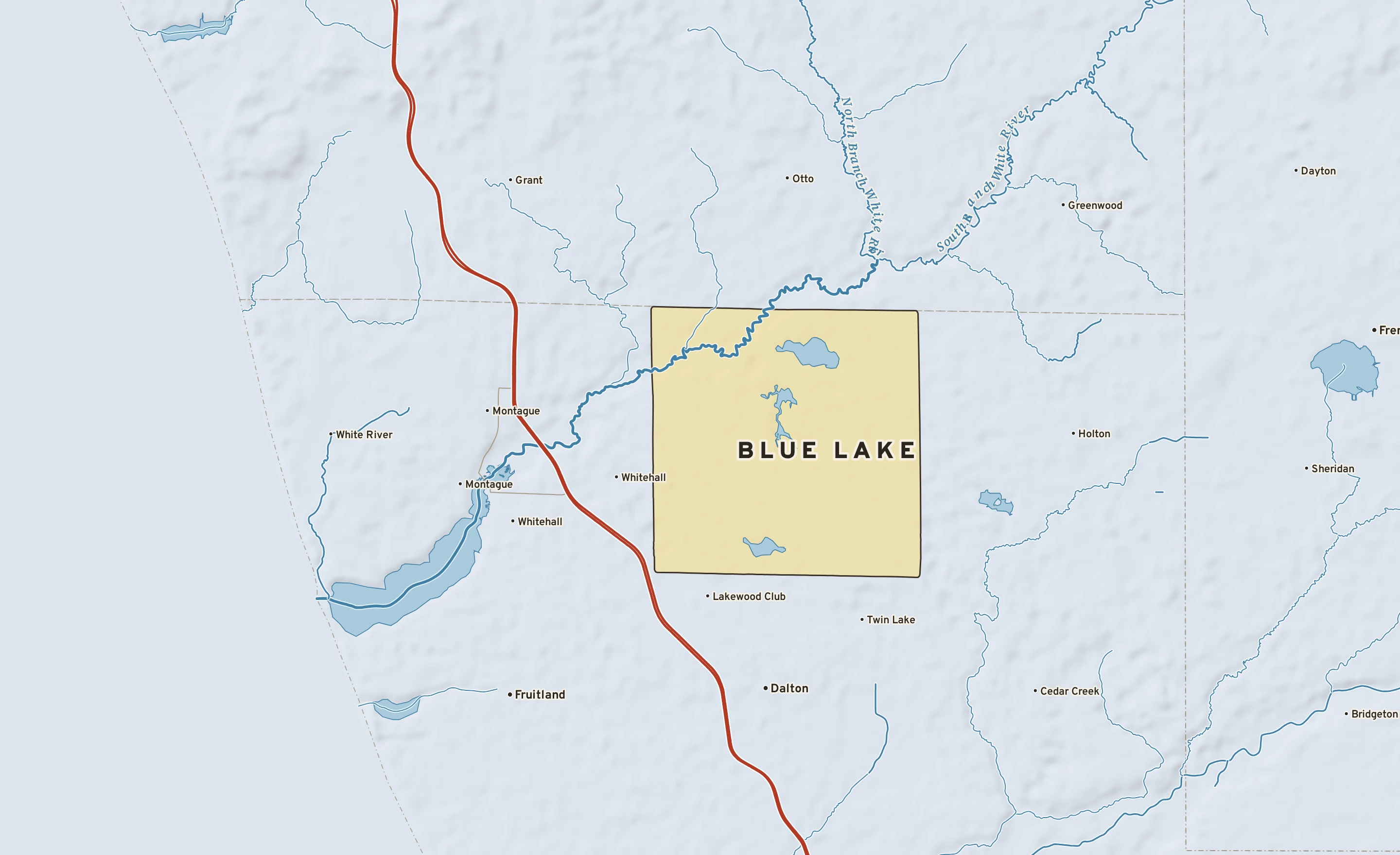 Shaded-relief atlas plate of Blue Lake, Michigan: rivers, roads, the city limits and where the water drains.