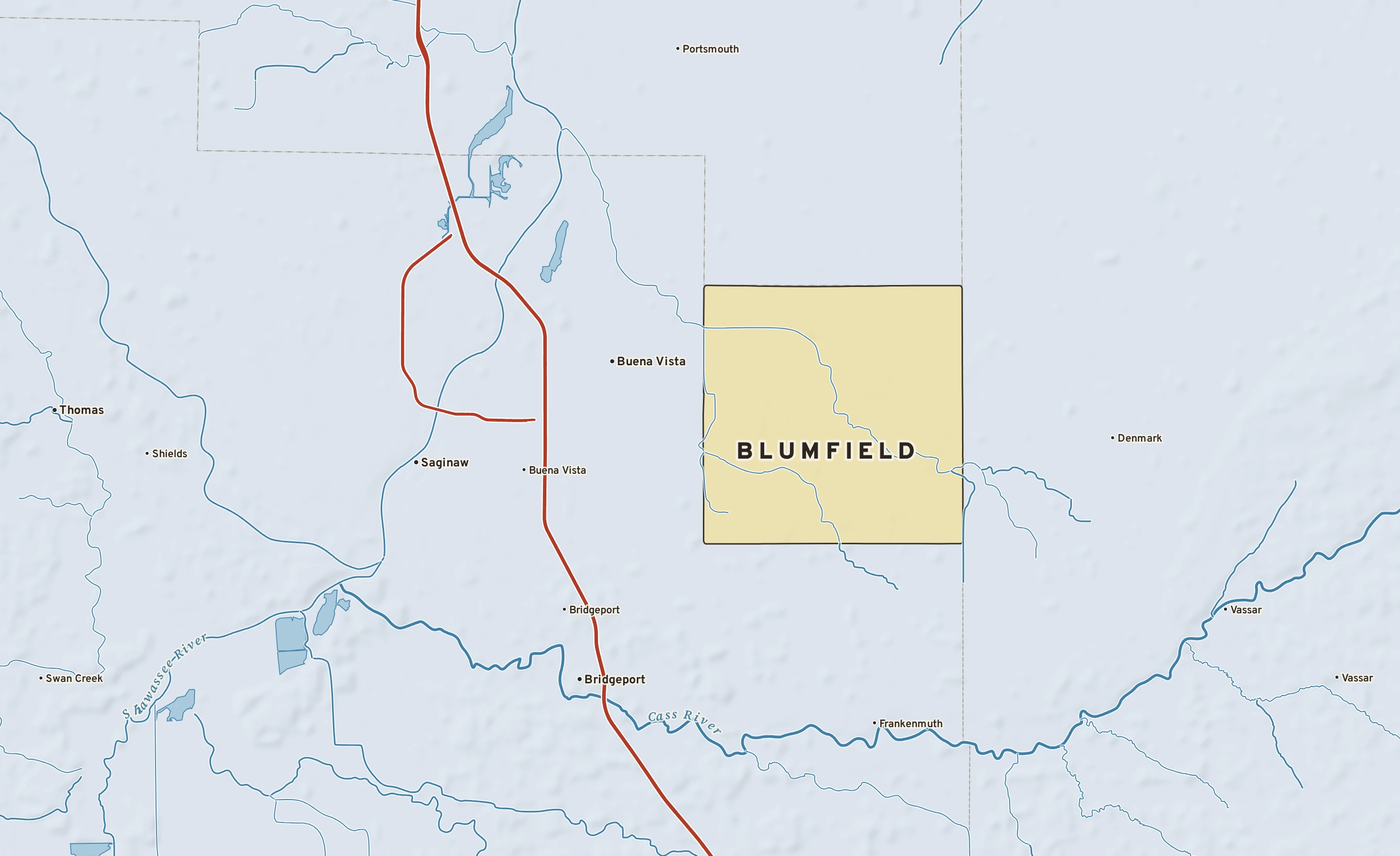 Shaded-relief atlas plate of Blumfield, Michigan: rivers, roads, the city limits and where the water drains.
