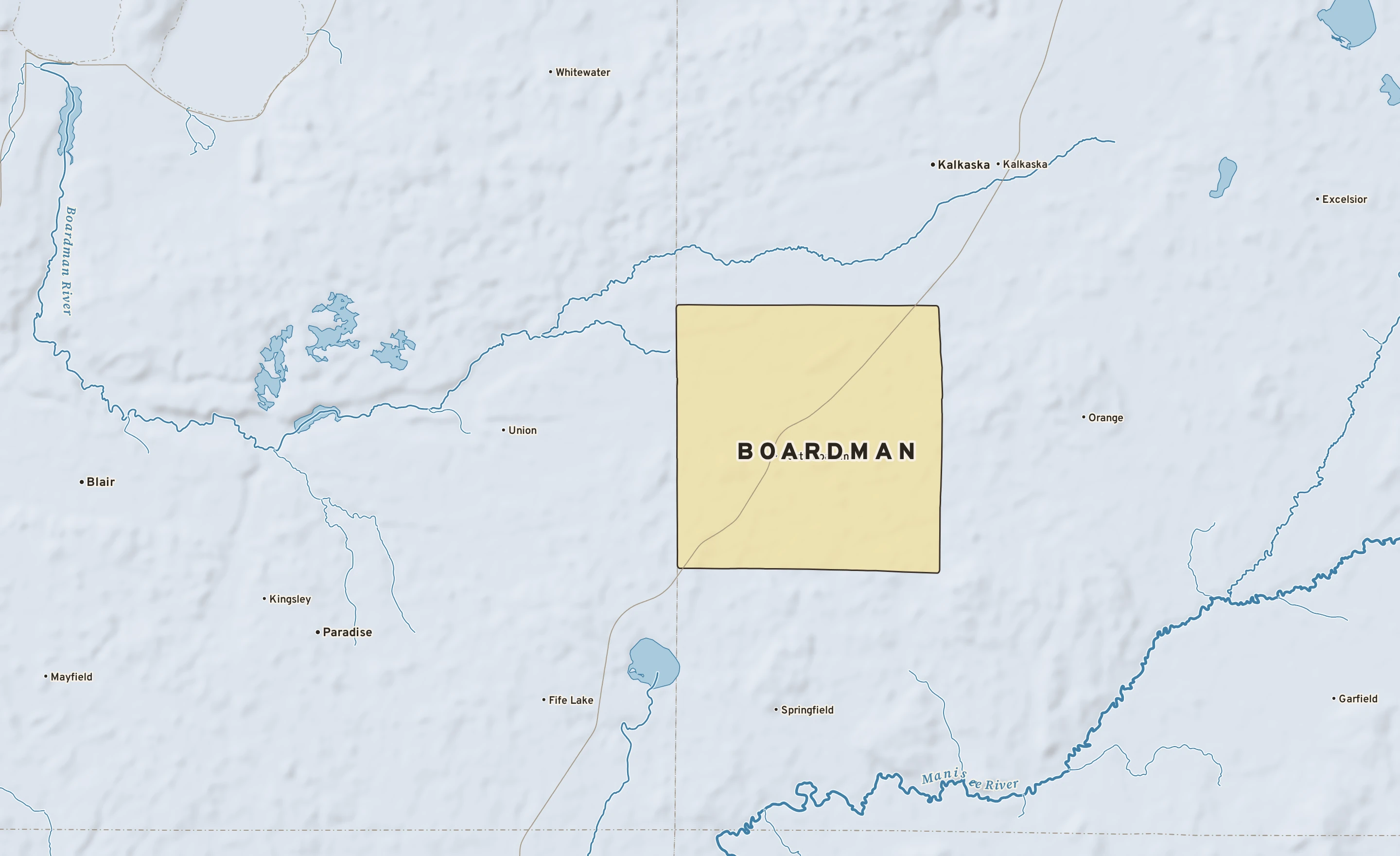 Shaded-relief atlas plate of Boardman, Michigan: rivers, roads, the city limits and where the water drains.