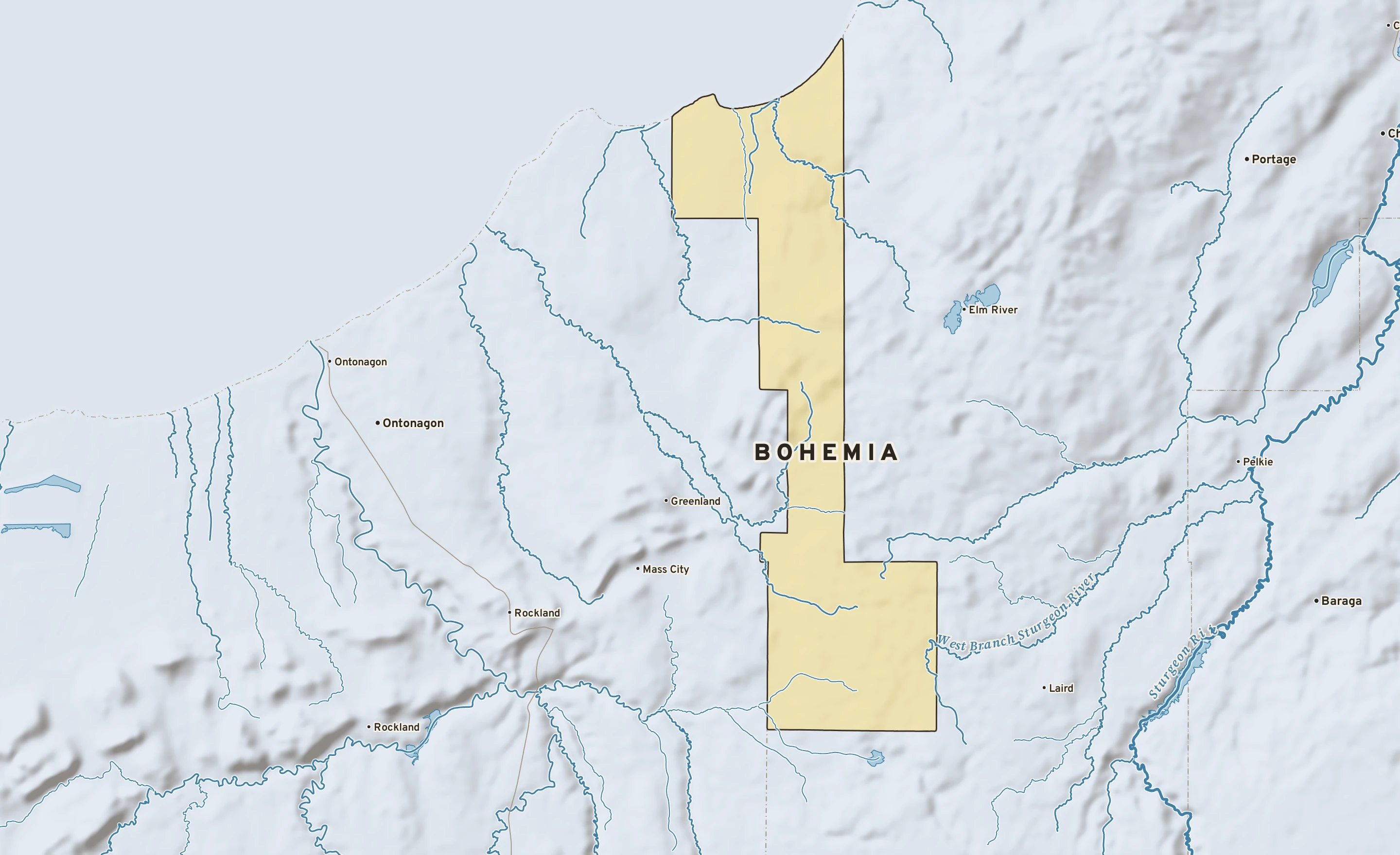 Shaded-relief atlas plate of Bohemia, Michigan: rivers, roads, the city limits and where the water drains.