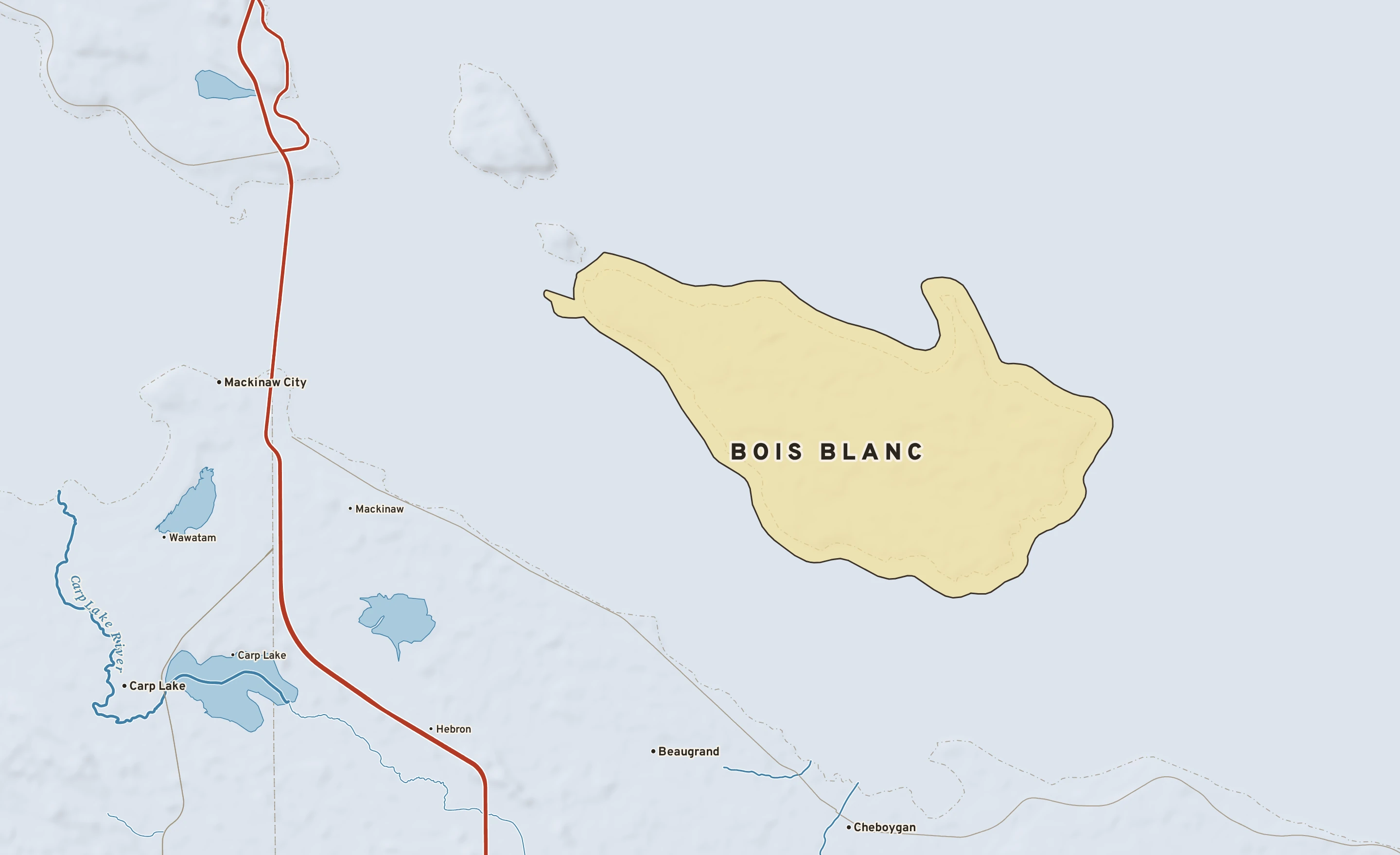 Shaded-relief atlas plate of Bois Blanc, Michigan: rivers, roads, the city limits and where the water drains.
