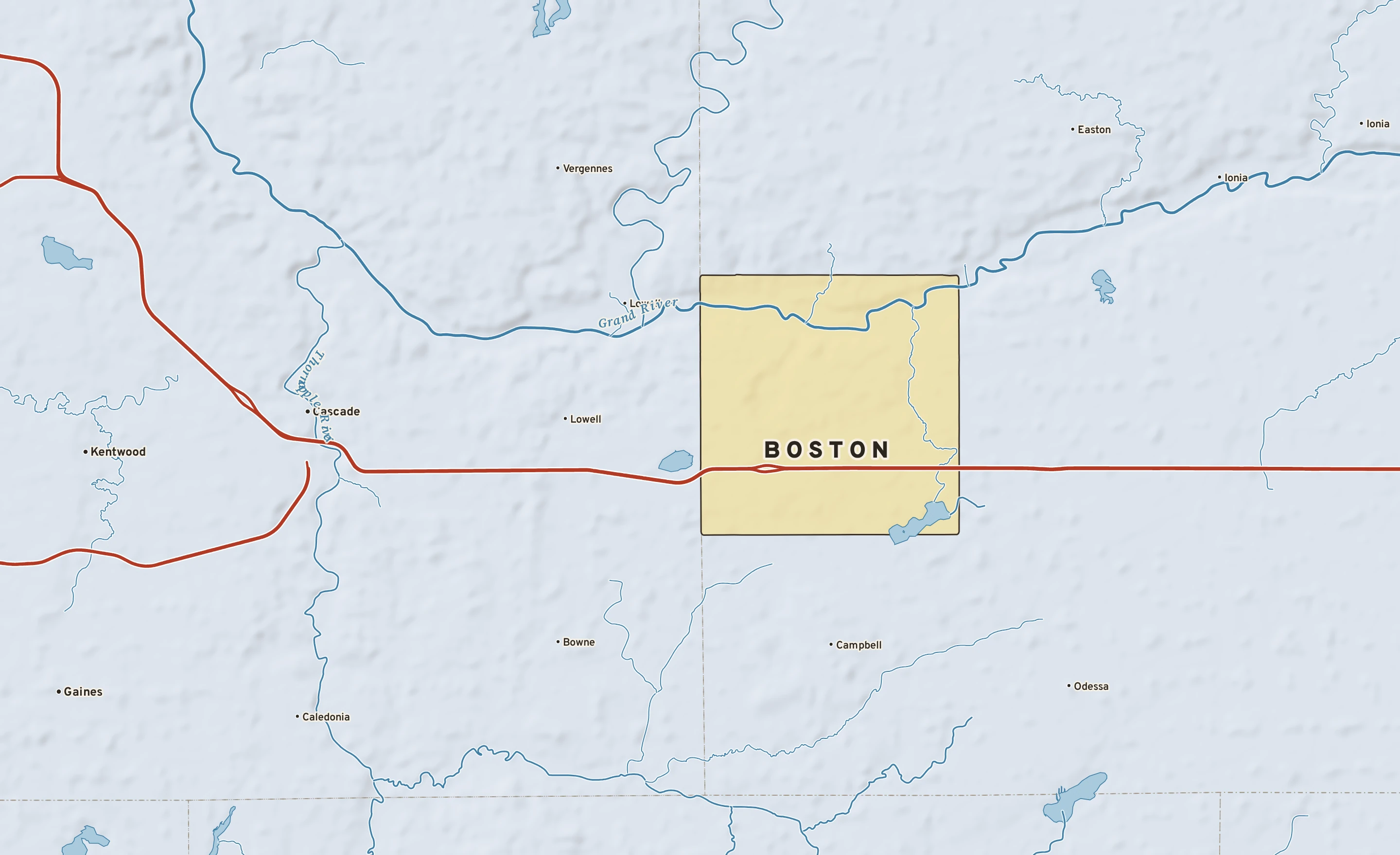 Shaded-relief atlas plate of Boston, Michigan: rivers, roads, the city limits and where the water drains.