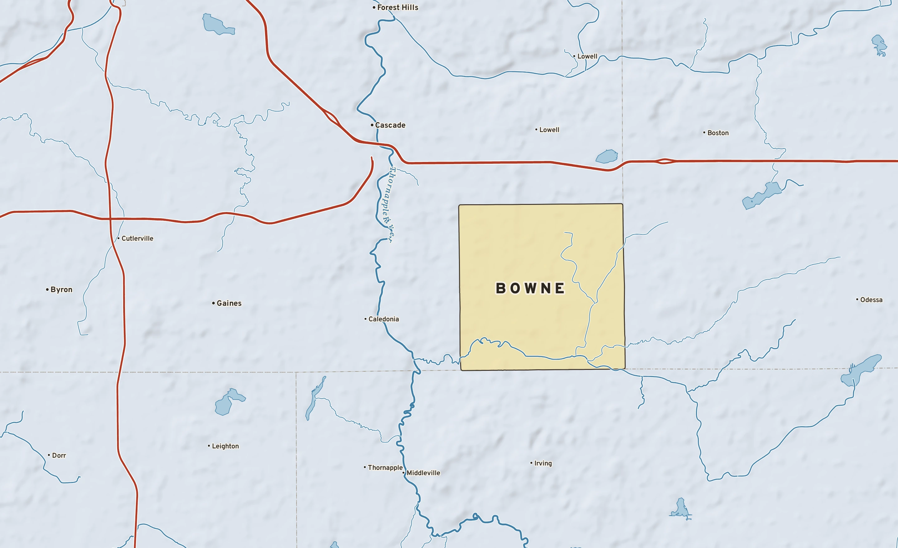Shaded-relief atlas plate of Bowne, Michigan: rivers, roads, the city limits and where the water drains.