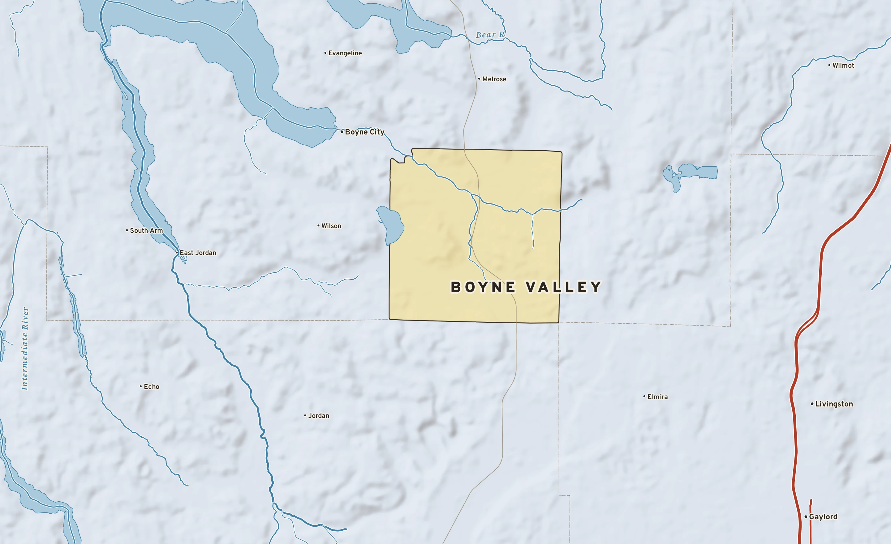 Shaded-relief atlas plate of Boyne Valley, Michigan: rivers, roads, the city limits and where the water drains.