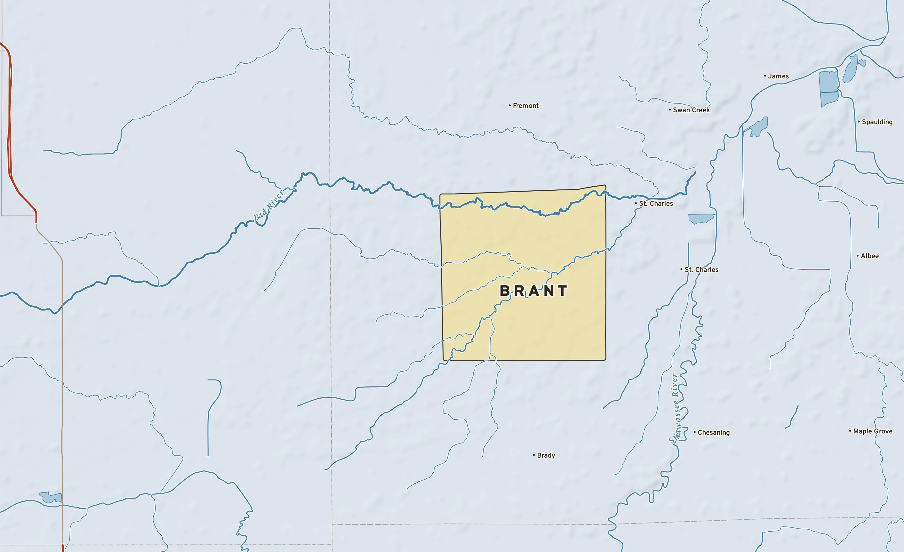 Shaded-relief atlas plate of Brant, Michigan: rivers, roads, the city limits and where the water drains.