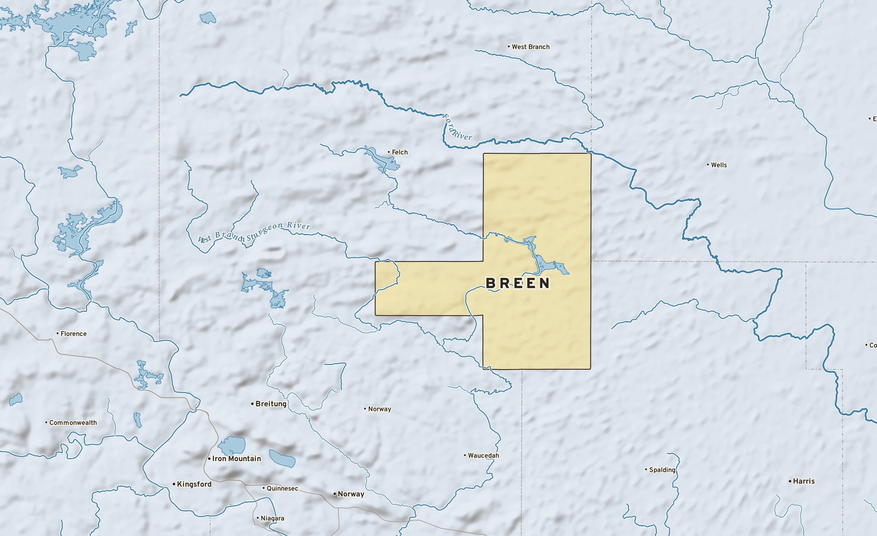 Shaded-relief atlas plate of Breen, Michigan: rivers, roads, the city limits and where the water drains.