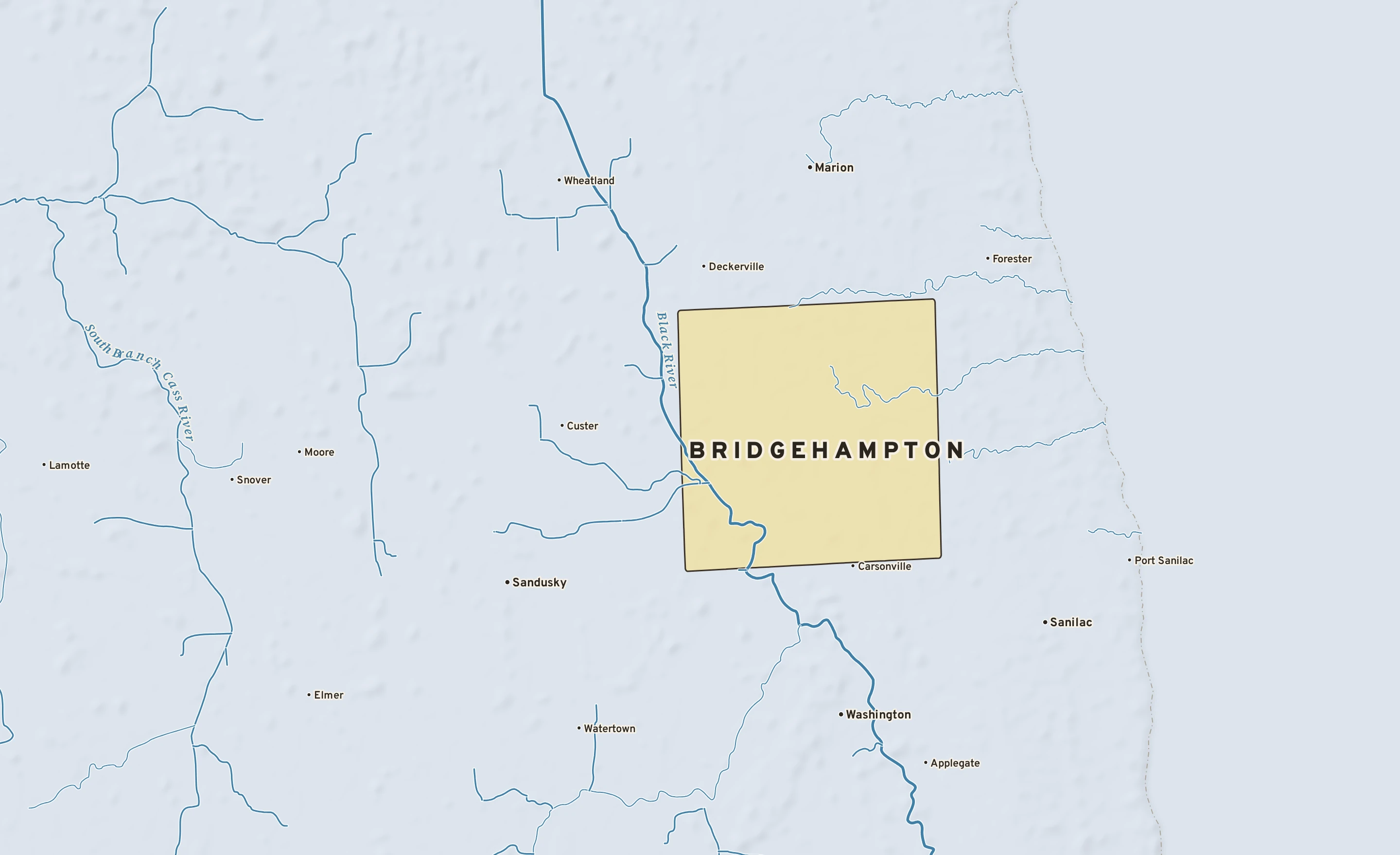 Shaded-relief atlas plate of Bridgehampton, Michigan: rivers, roads, the city limits and where the water drains.