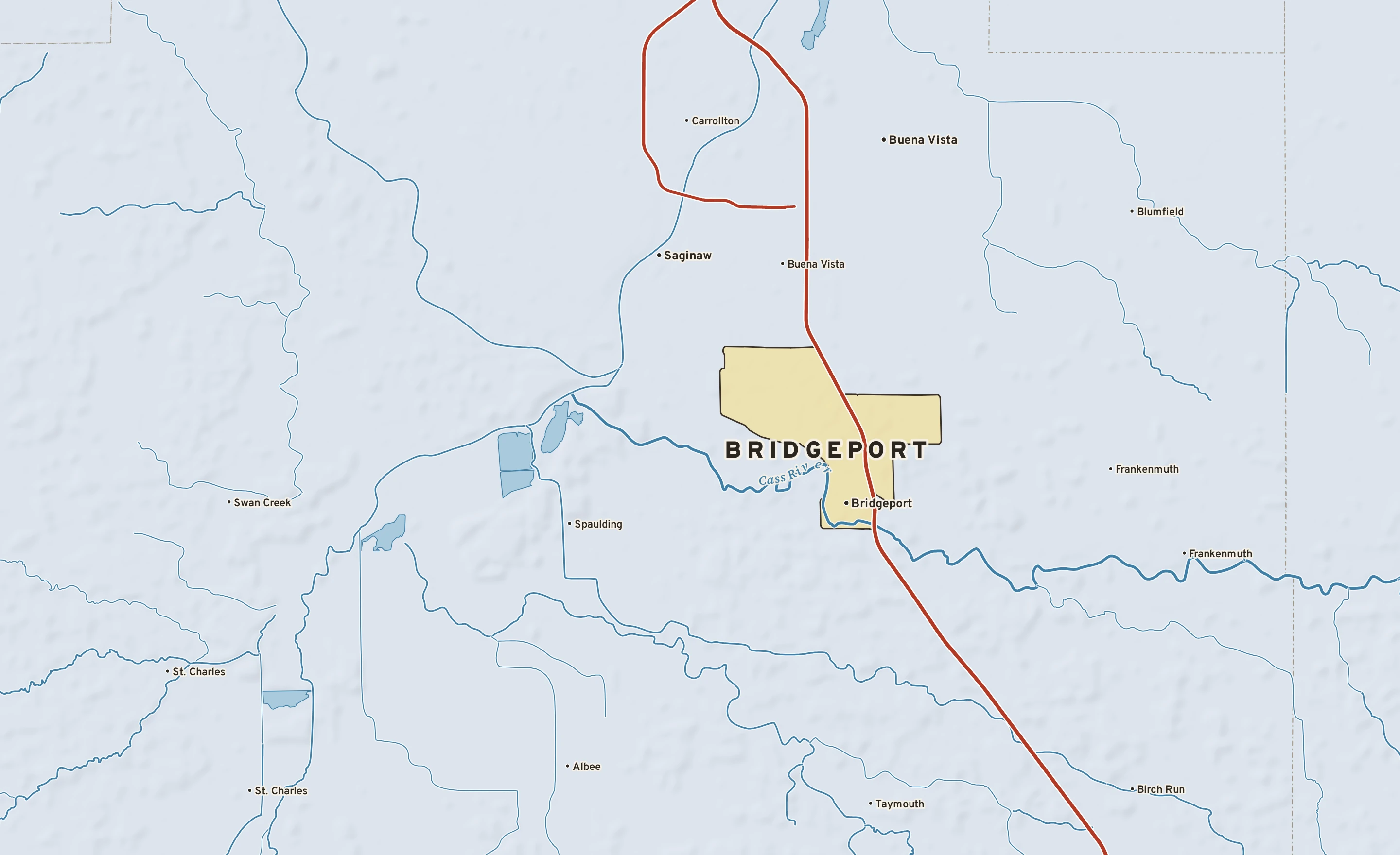 Shaded-relief atlas plate of Bridgeport, Michigan: rivers, roads, the city limits and where the water drains.