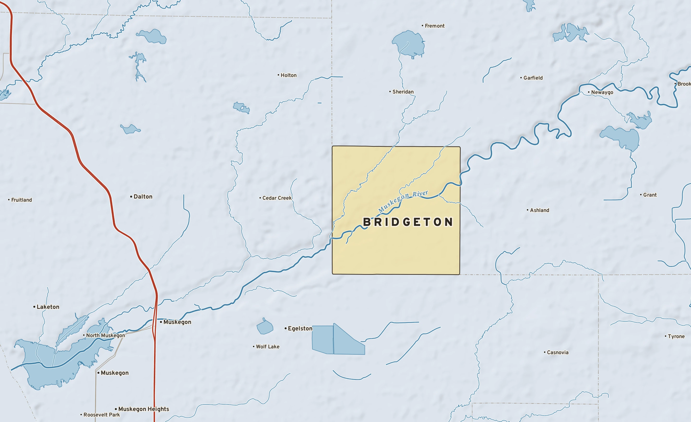 Shaded-relief atlas plate of Bridgeton, Michigan: rivers, roads, the city limits and where the water drains.