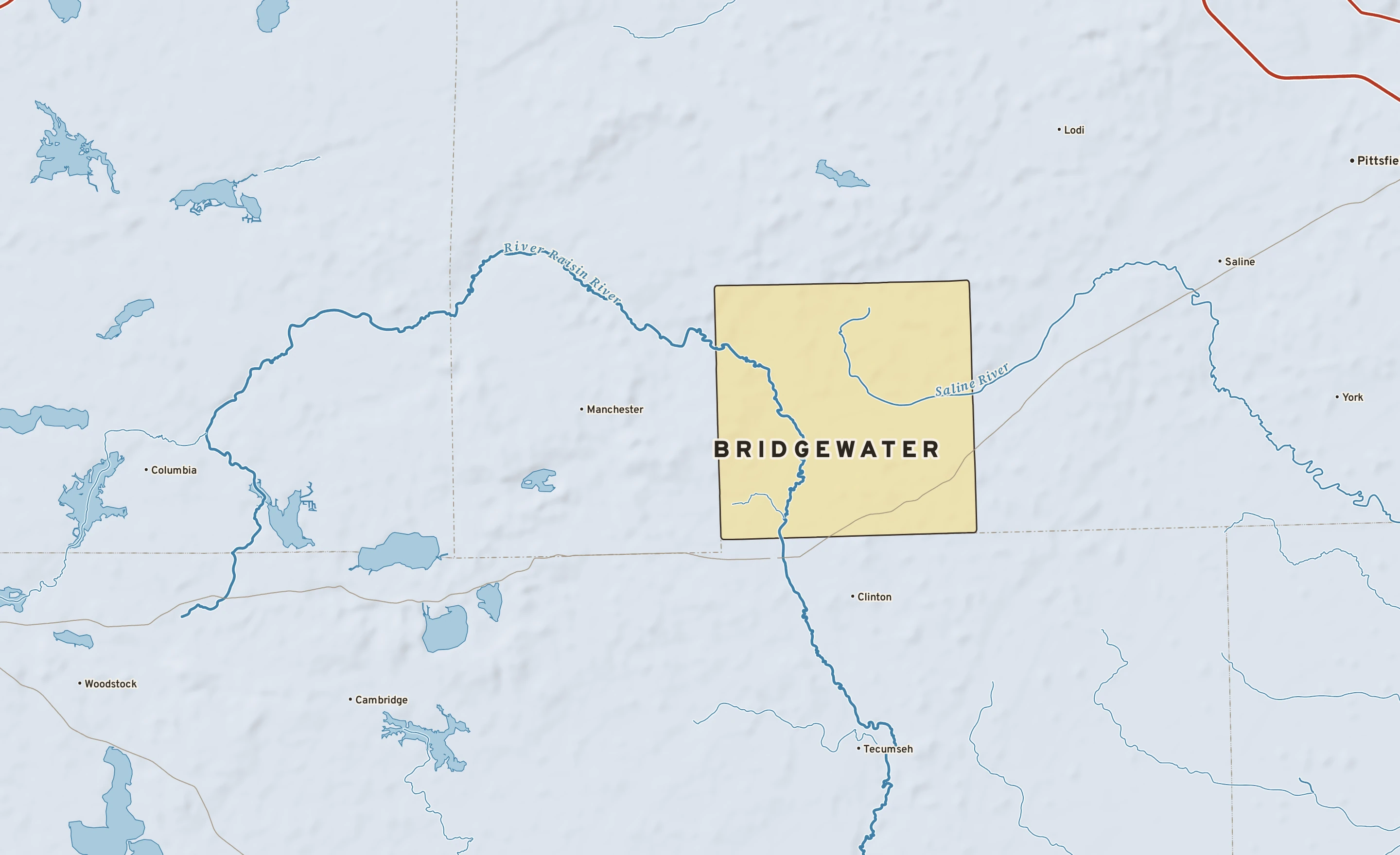 Shaded-relief atlas plate of Bridgewater, Michigan: rivers, roads, the city limits and where the water drains.