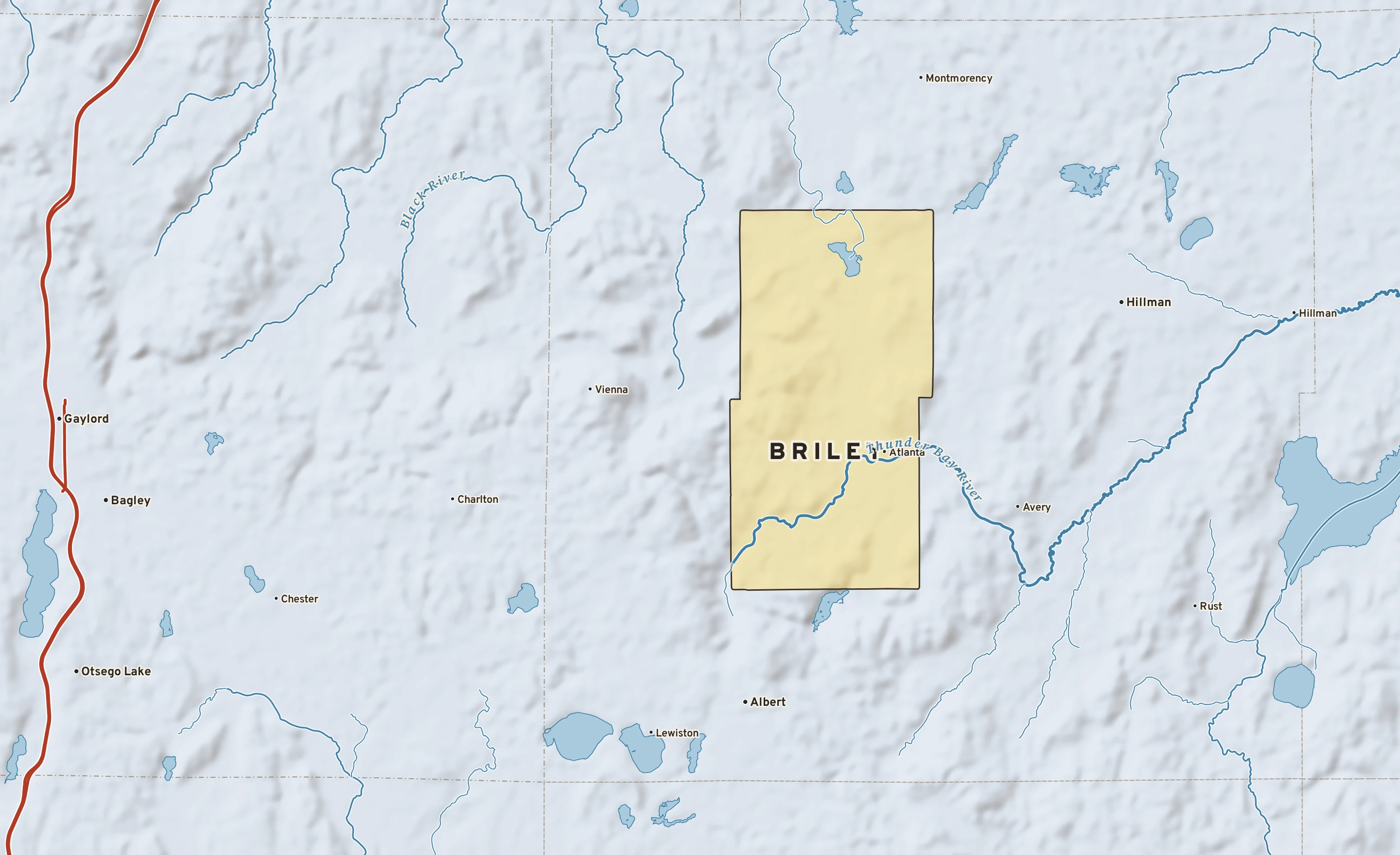 Shaded-relief atlas plate of Briley, Michigan: rivers, roads, the city limits and where the water drains.