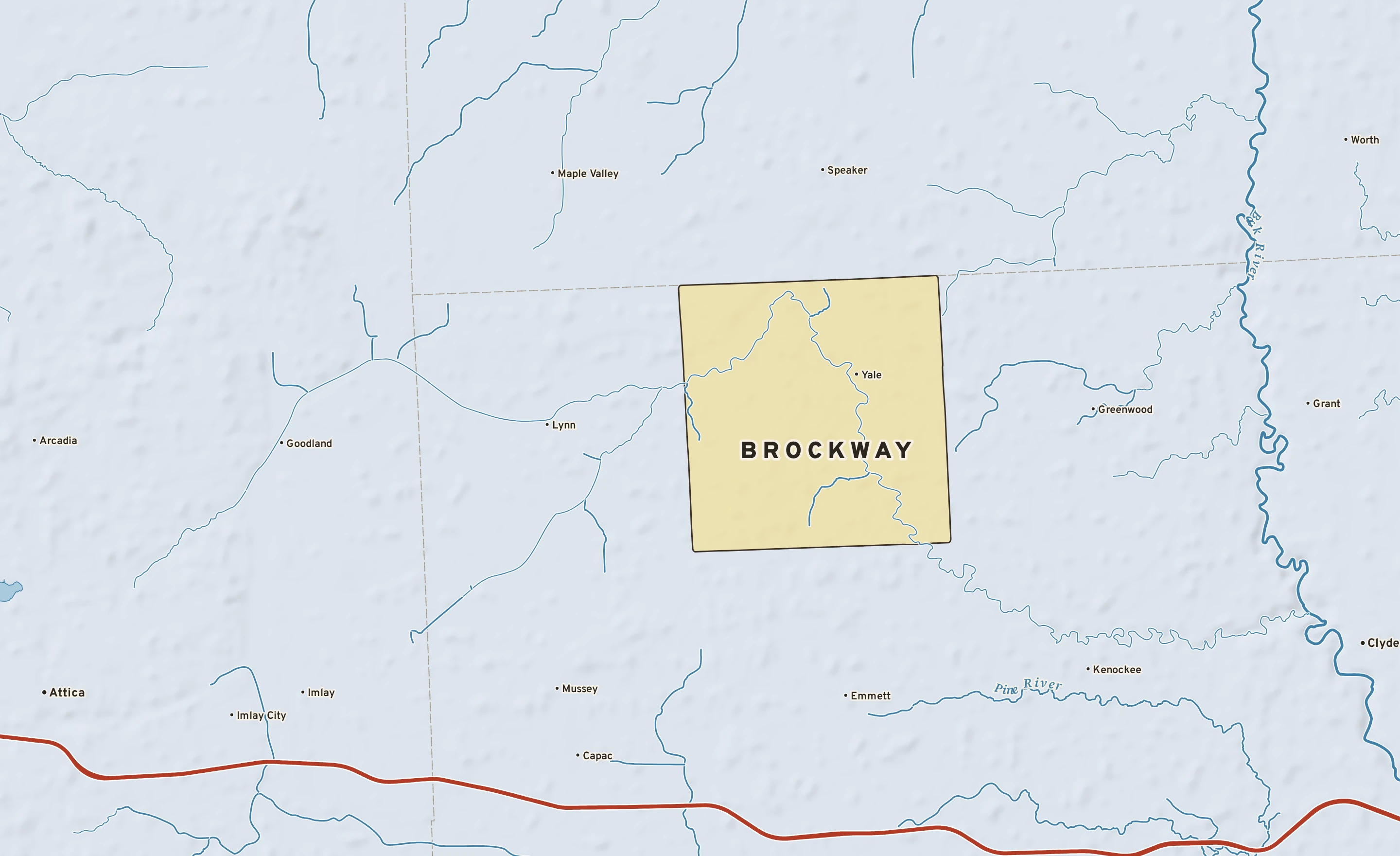 Shaded-relief atlas plate of Brockway, Michigan: rivers, roads, the city limits and where the water drains.