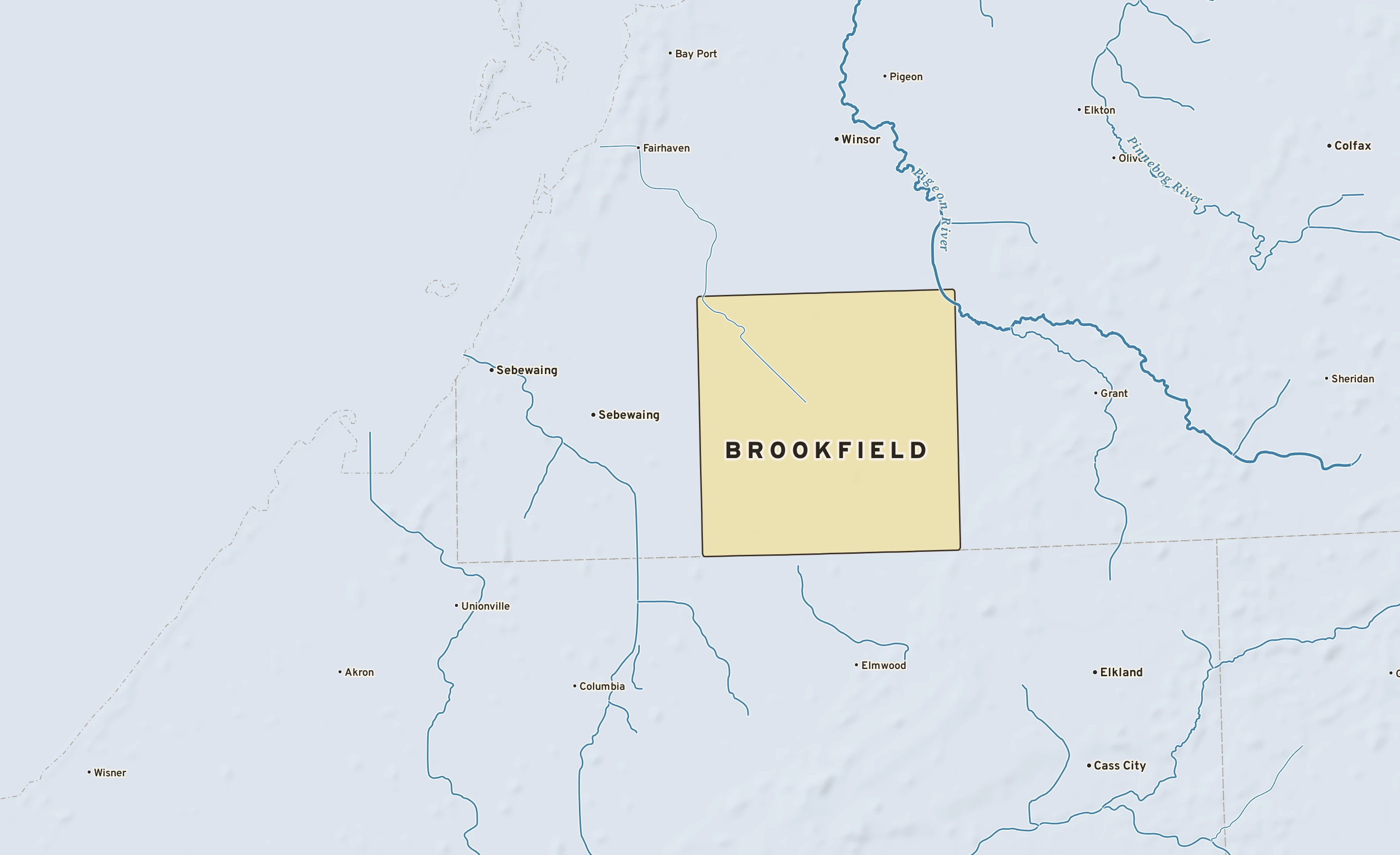 Shaded-relief atlas plate of Brookfield, Michigan: rivers, roads, the city limits and where the water drains.