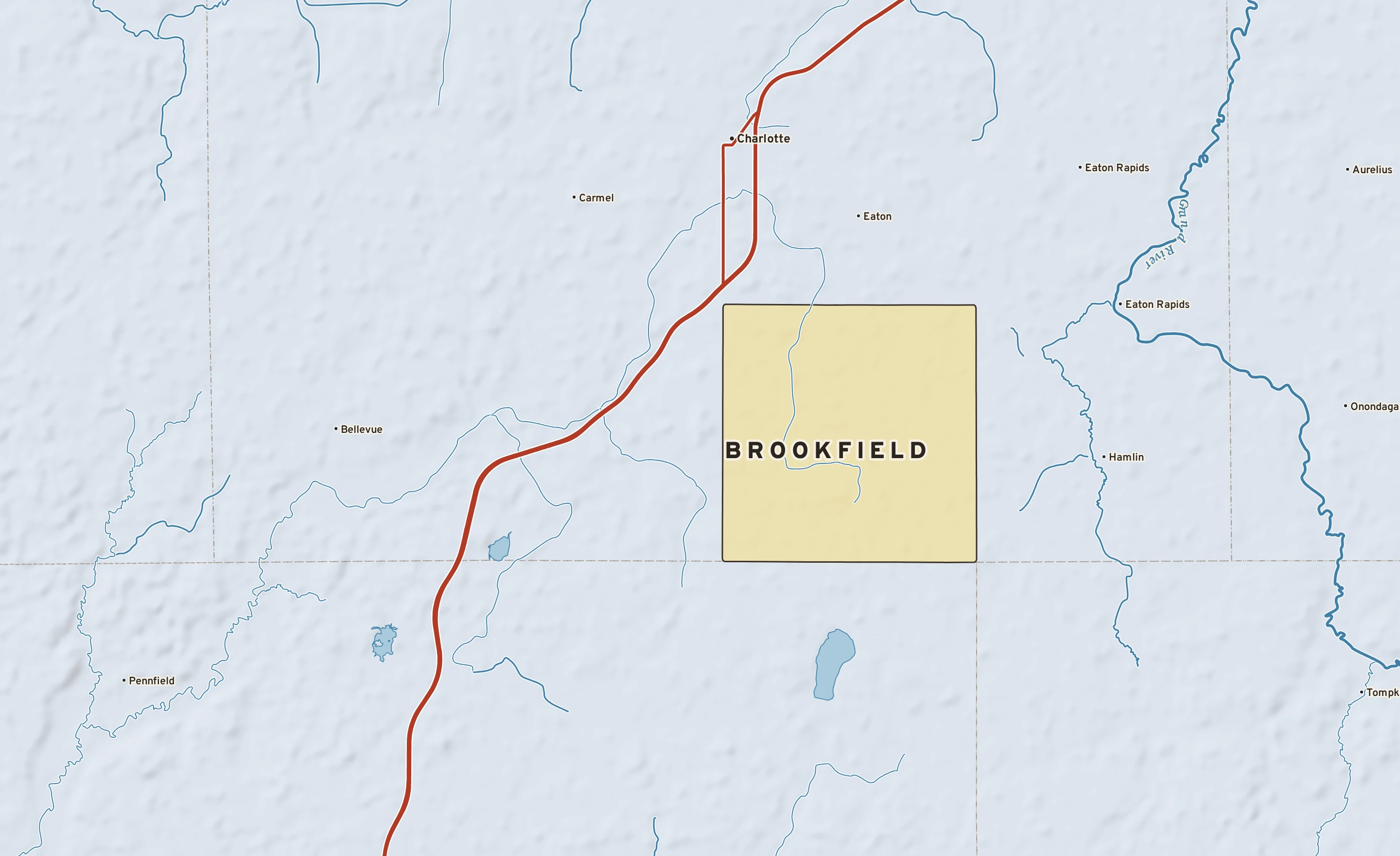 Shaded-relief atlas plate of Brookfield, Michigan: rivers, roads, the city limits and where the water drains.