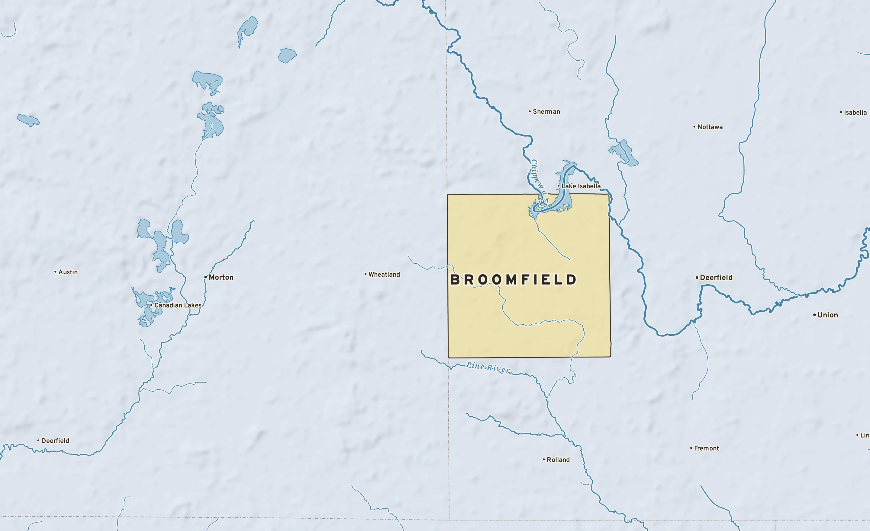 Shaded-relief atlas plate of Broomfield, Michigan: rivers, roads, the city limits and where the water drains.