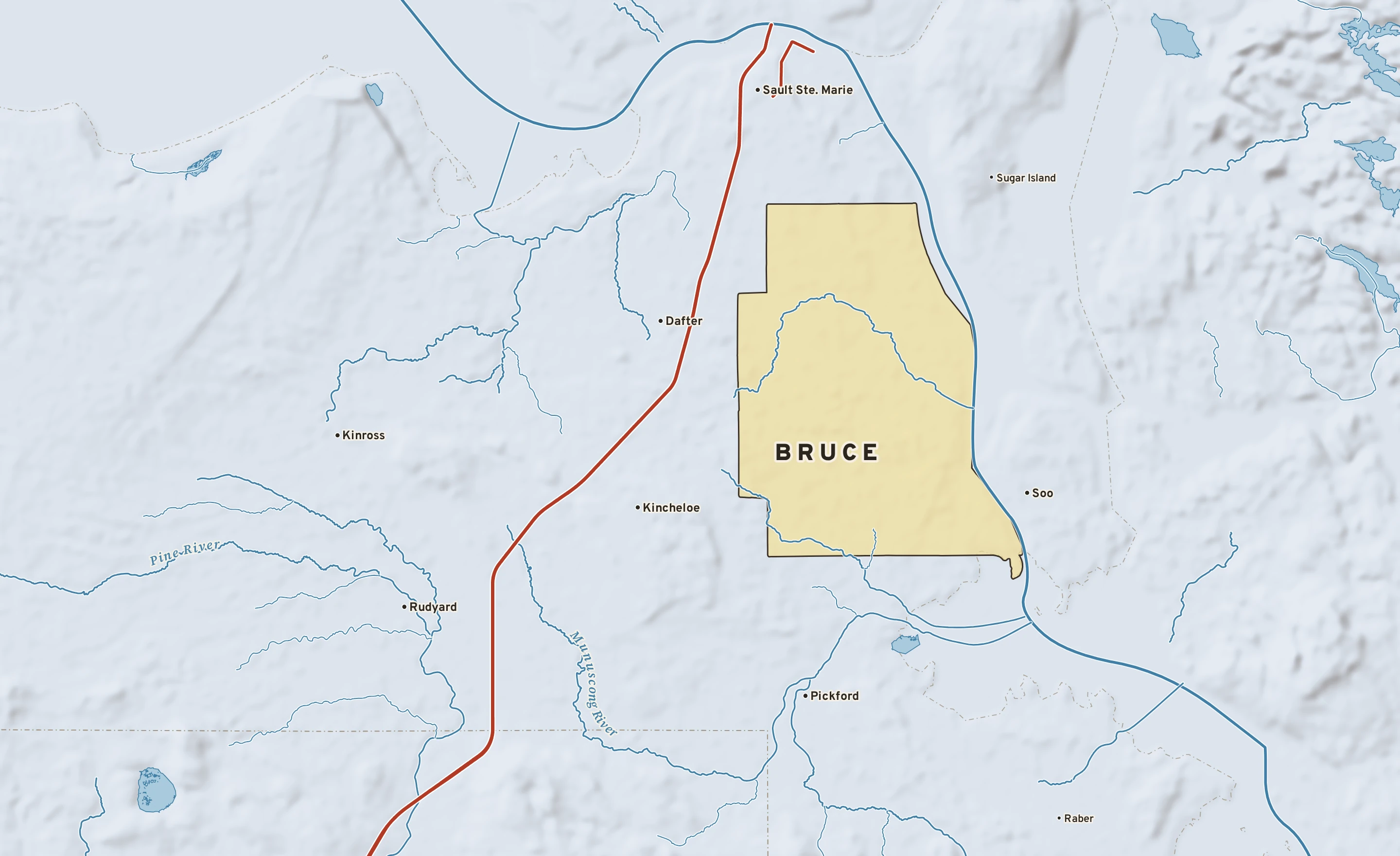 Shaded-relief atlas plate of Bruce, Michigan: rivers, roads, the city limits and where the water drains.