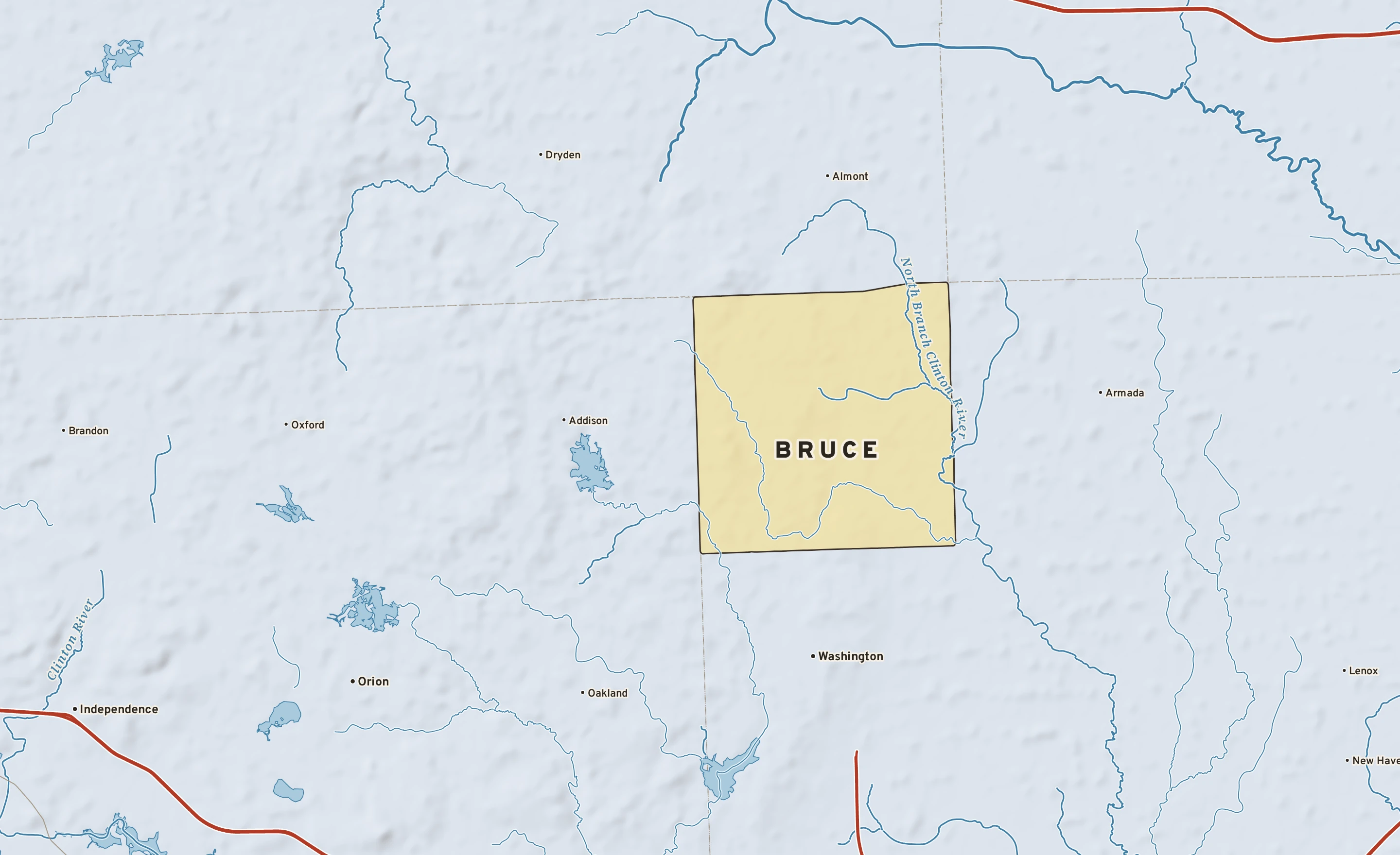 Shaded-relief atlas plate of Bruce, Michigan: rivers, roads, the city limits and where the water drains.