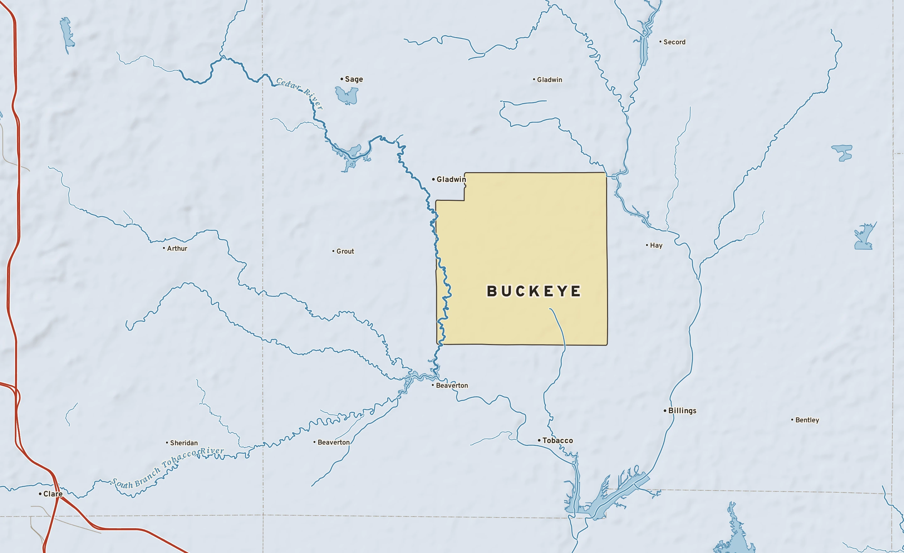 Shaded-relief atlas plate of Buckeye, Michigan: rivers, roads, the city limits and where the water drains.