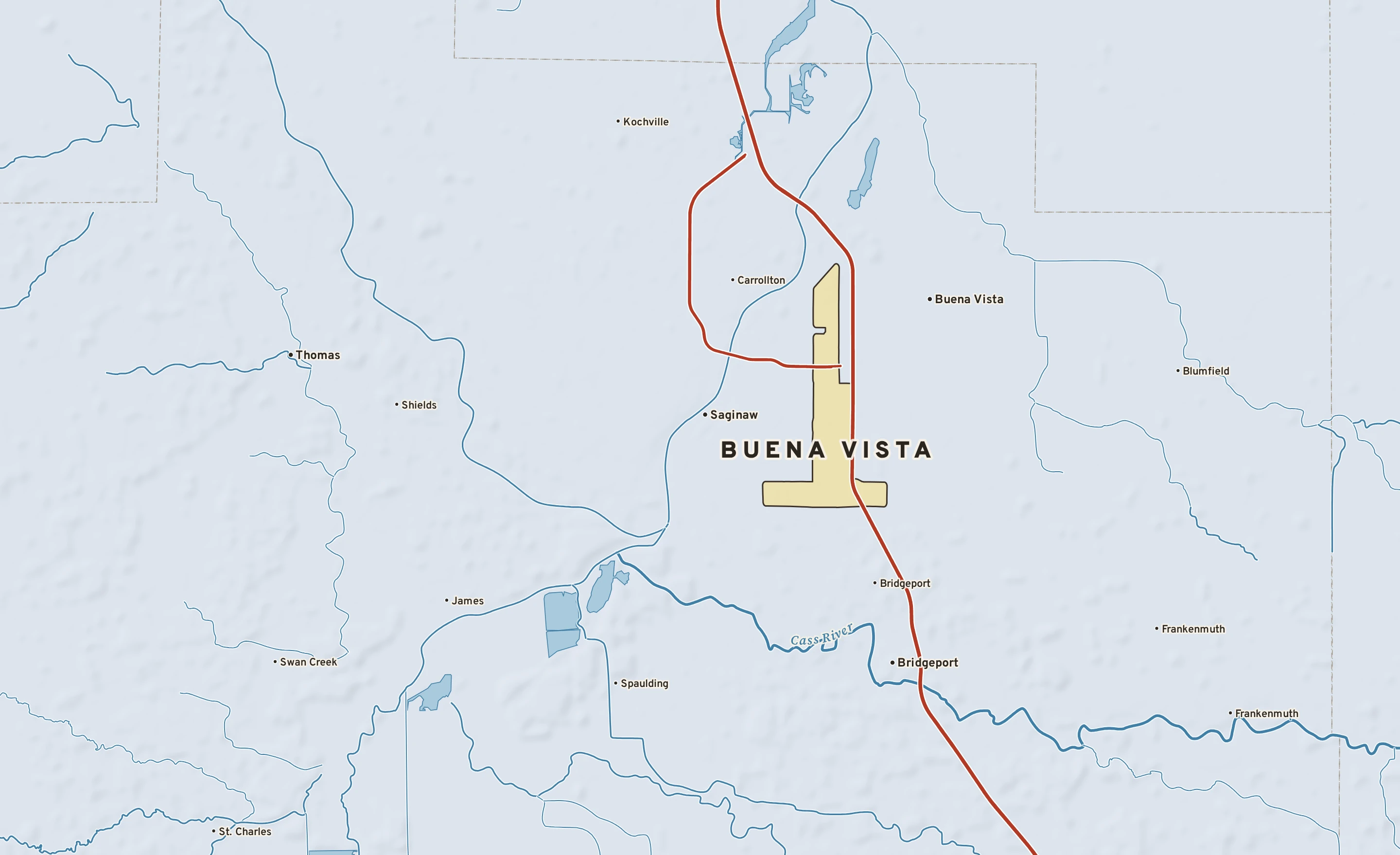 Shaded-relief atlas plate of Buena Vista, Michigan: rivers, roads, the city limits and where the water drains.