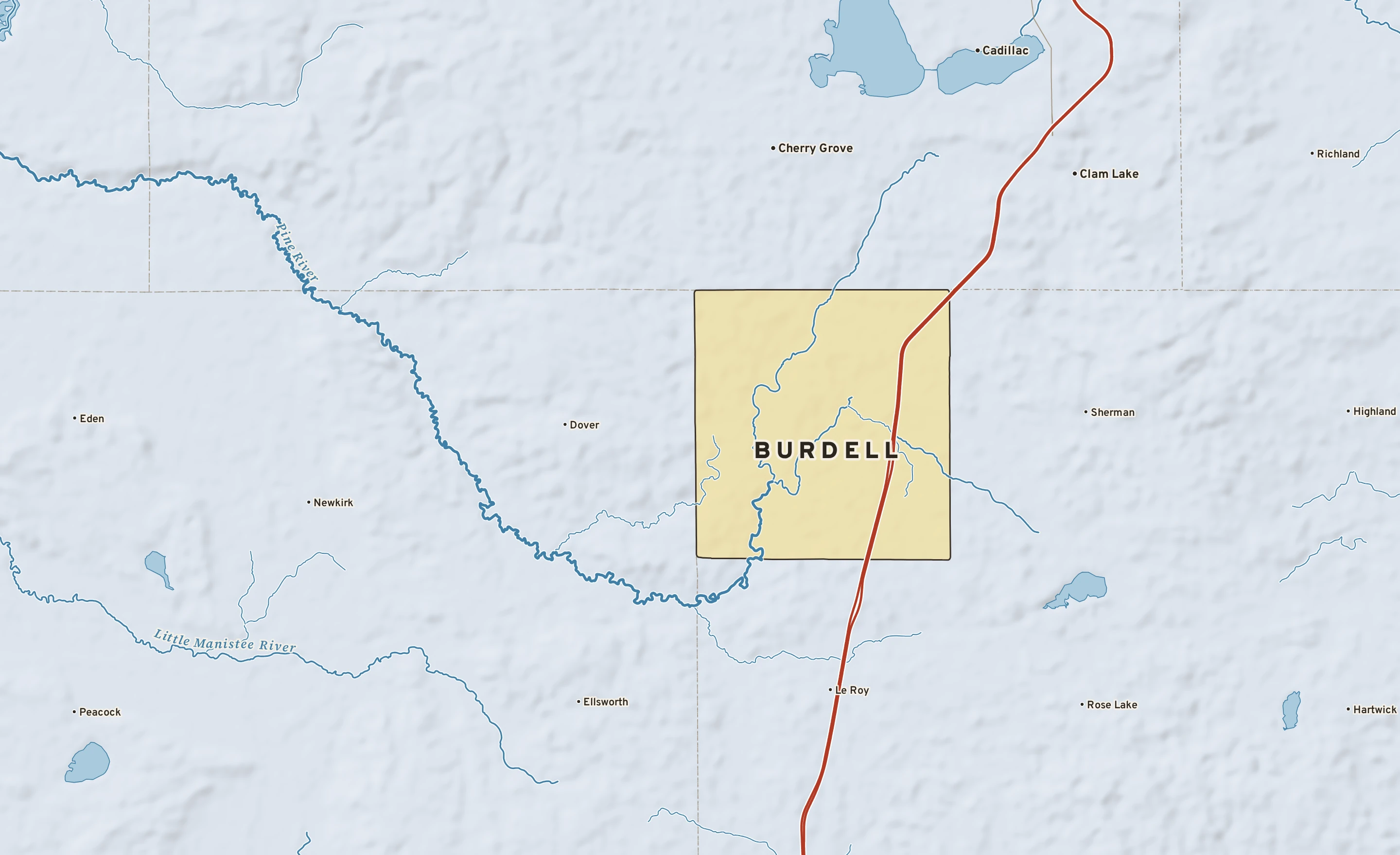 Shaded-relief atlas plate of Burdell, Michigan: rivers, roads, the city limits and where the water drains.
