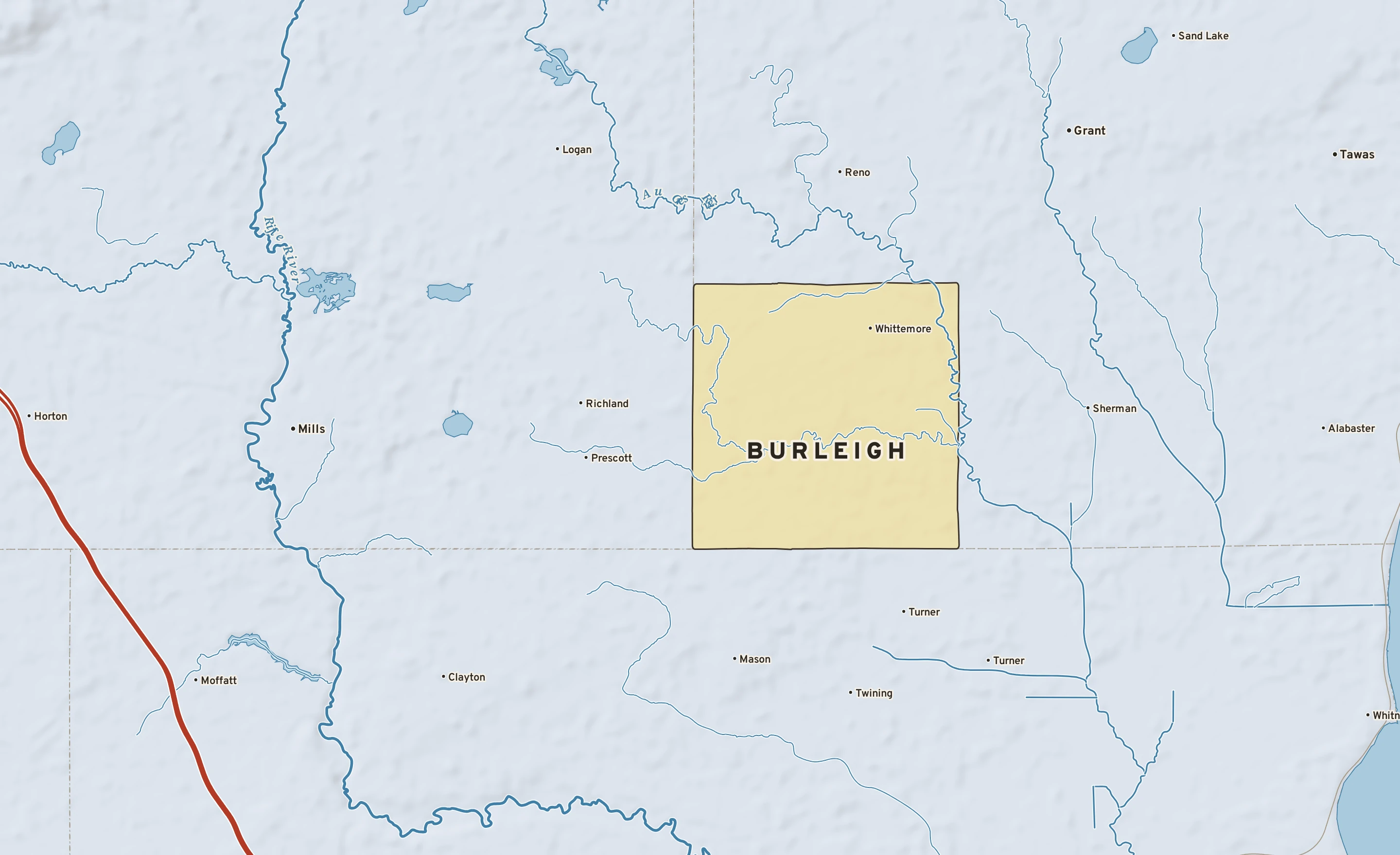 Shaded-relief atlas plate of Burleigh, Michigan: rivers, roads, the city limits and where the water drains.