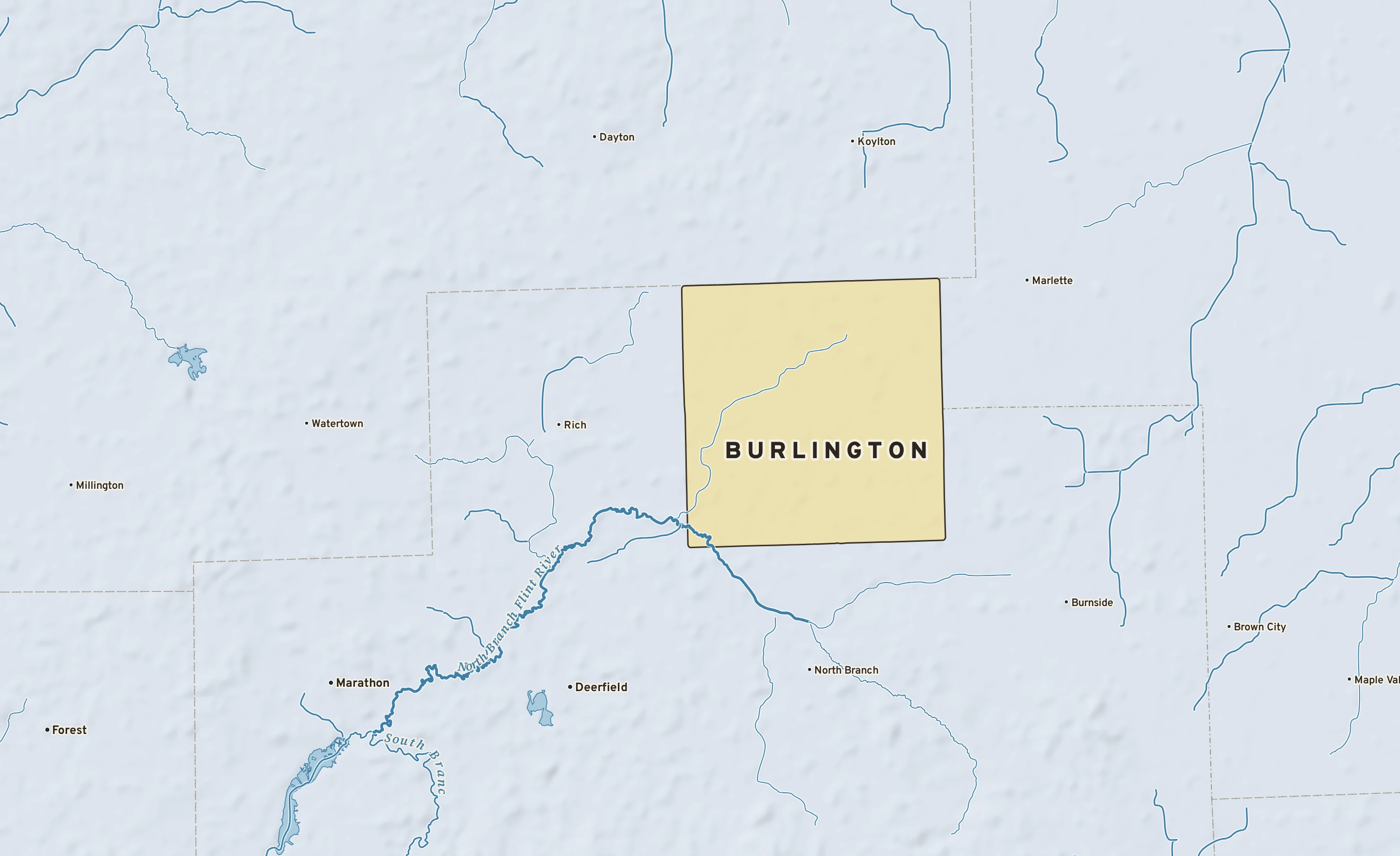 Shaded-relief atlas plate of Burlington, Michigan: rivers, roads, the city limits and where the water drains.
