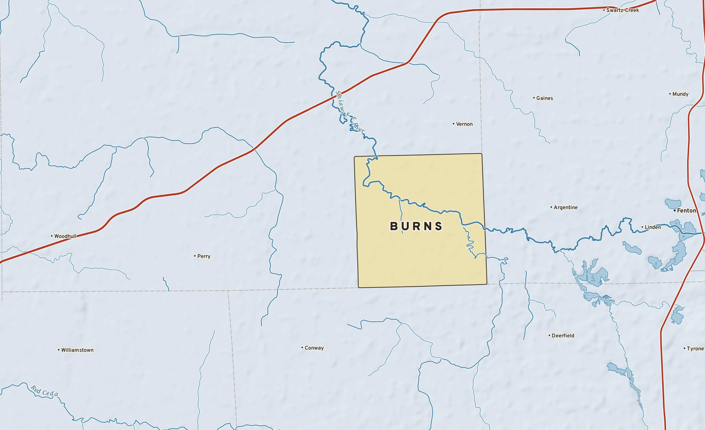 Shaded-relief atlas plate of Burns, Michigan: rivers, roads, the city limits and where the water drains.