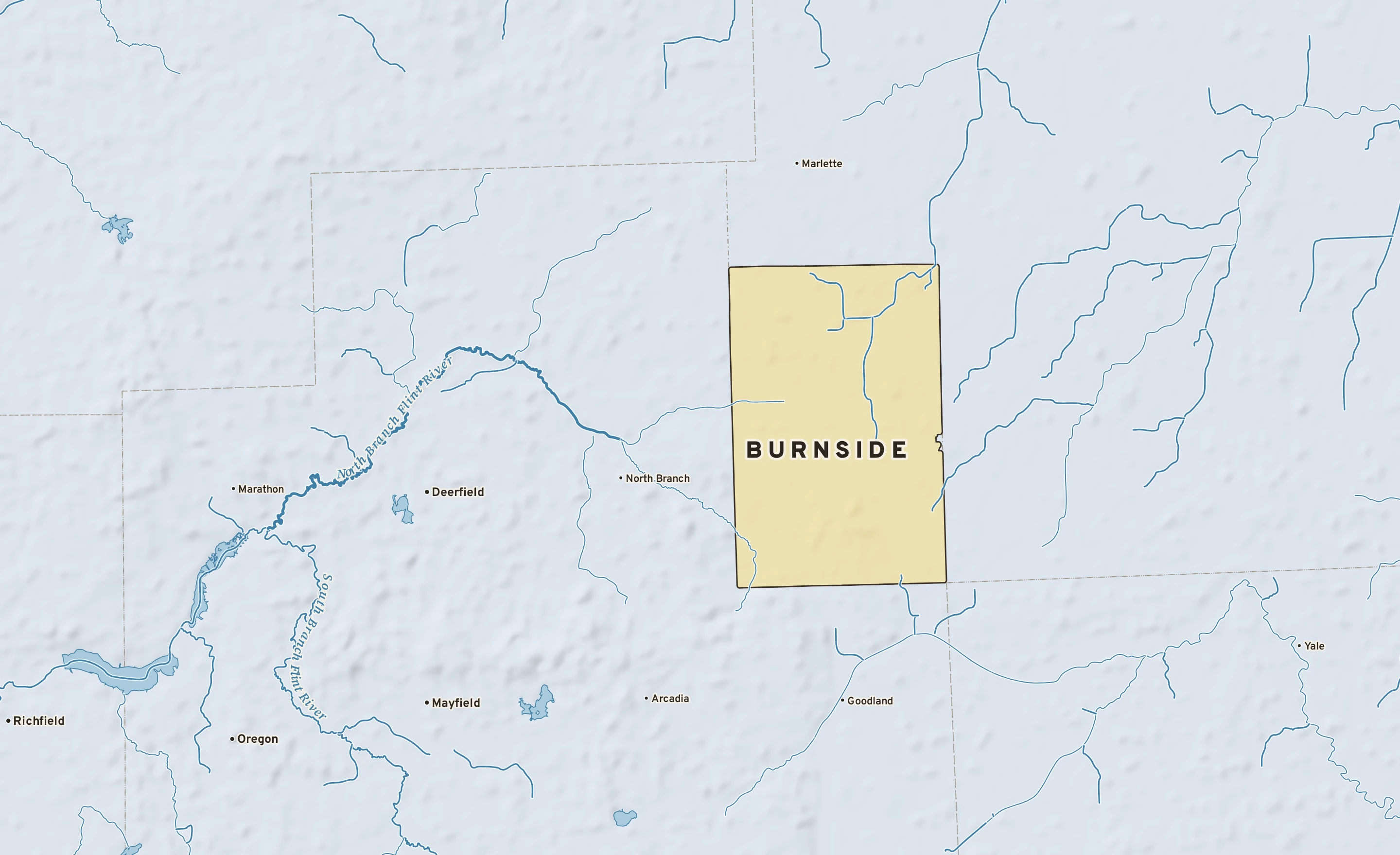 Shaded-relief atlas plate of Burnside, Michigan: rivers, roads, the city limits and where the water drains.