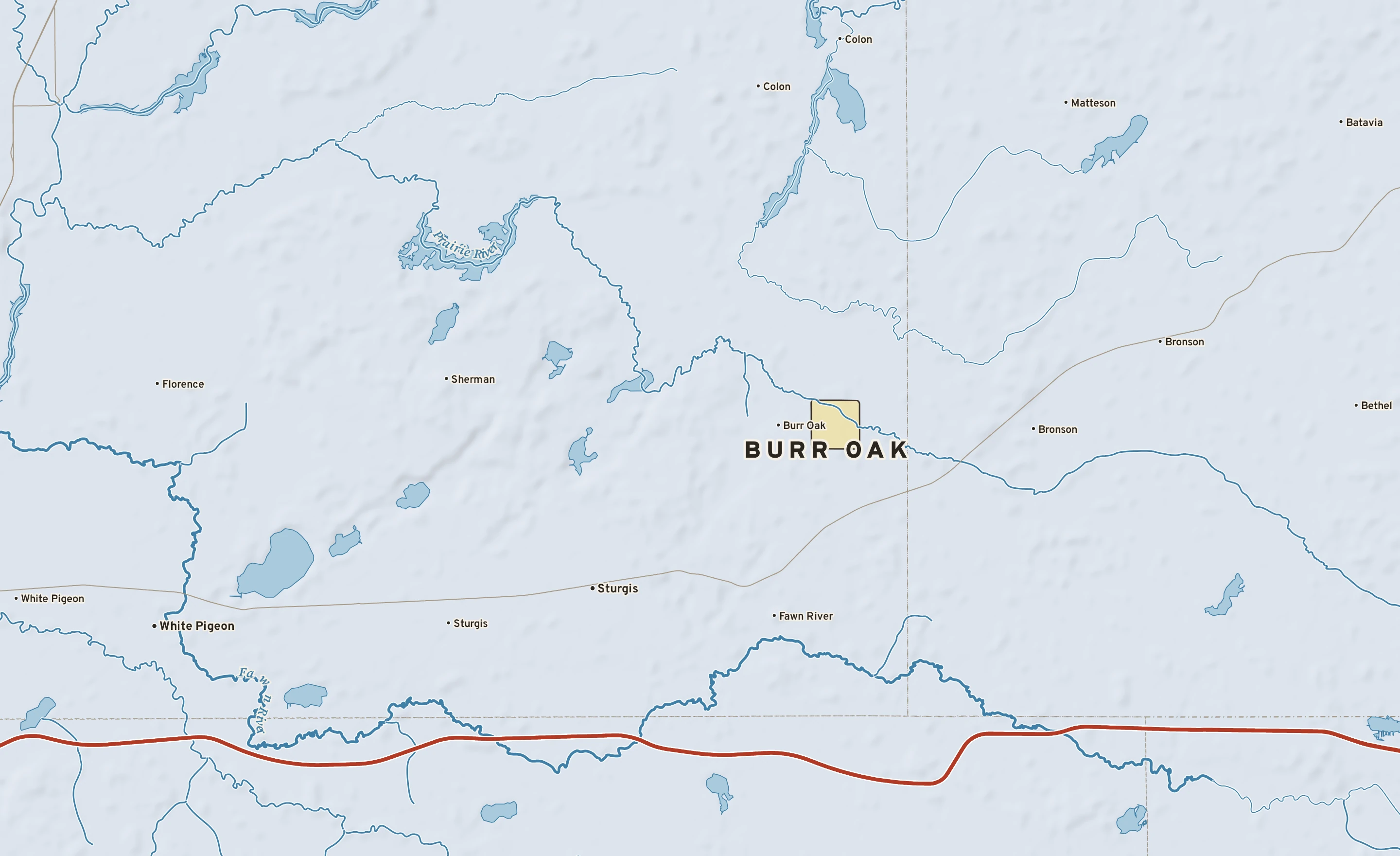 Shaded-relief atlas plate of Burr Oak, Michigan: rivers, roads, the city limits and where the water drains.