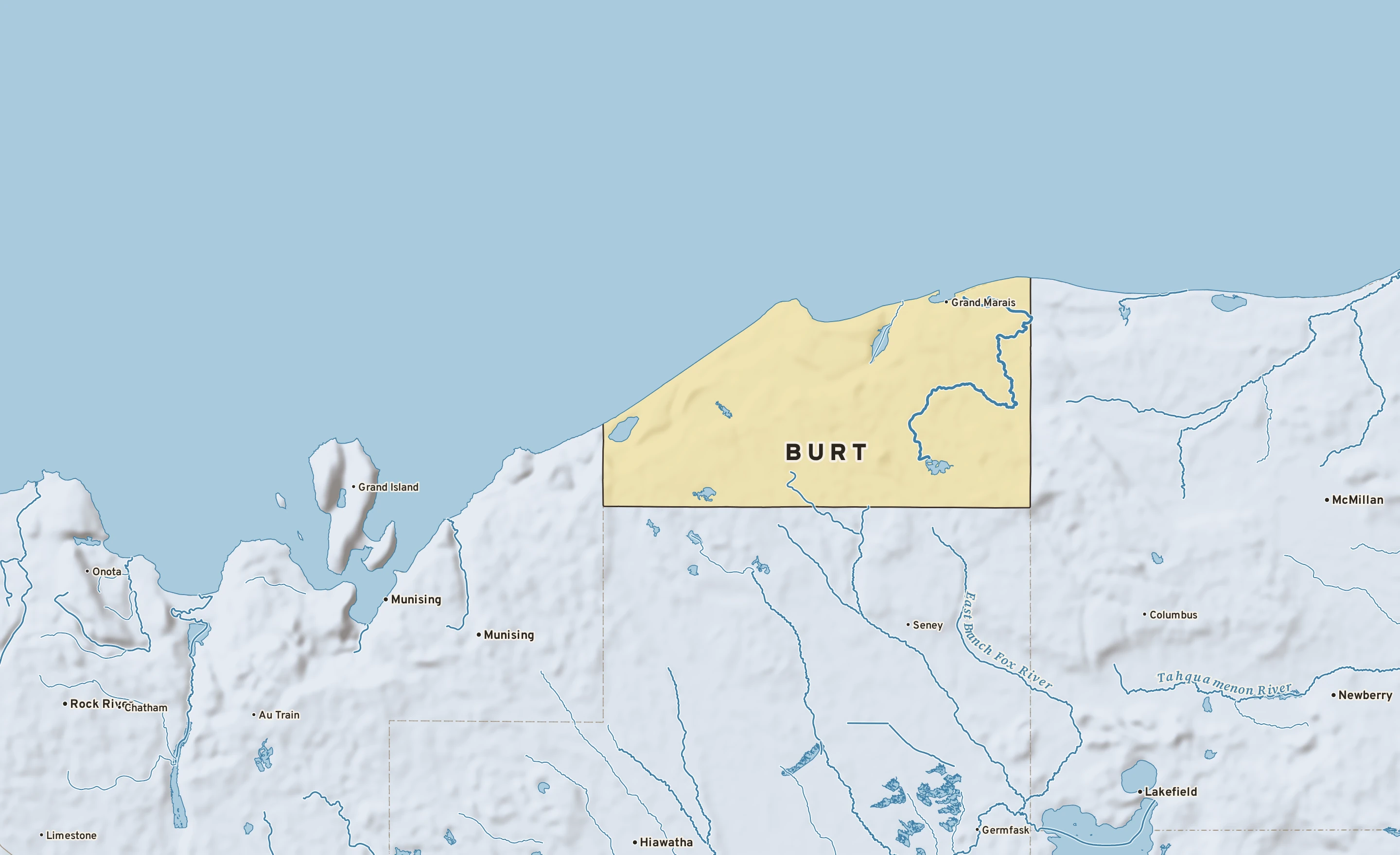 Shaded-relief atlas plate of Burt, Michigan: rivers, roads, the city limits and where the water drains.